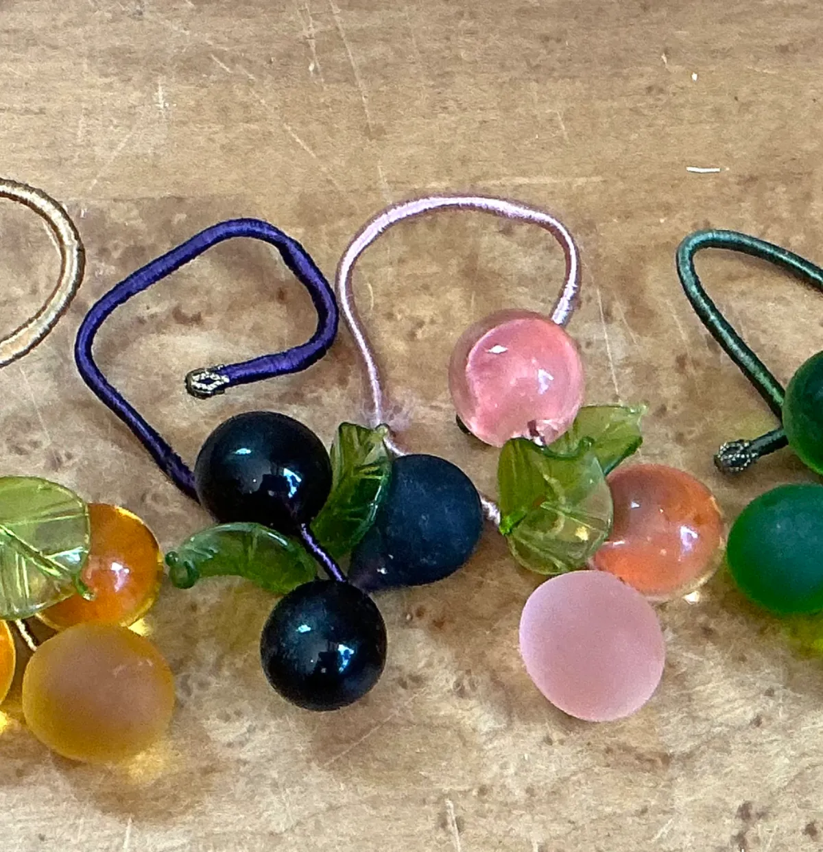 Vintage Glass Fruit Charms with Leaves Napkin Rings - Back view