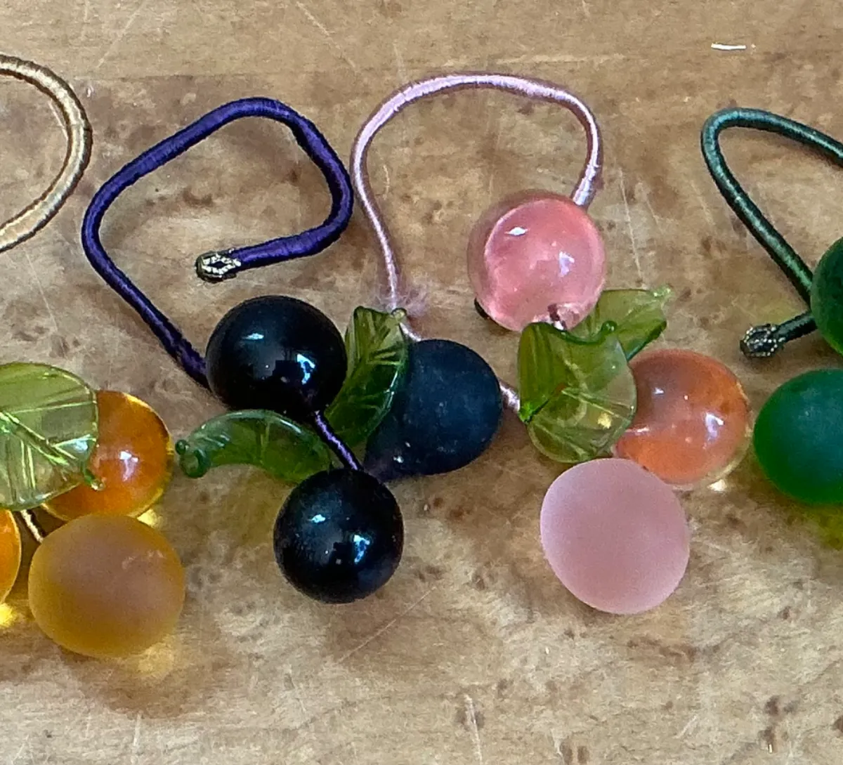 Vintage Glass Fruit Charms with Leaves Napkin Rings - Top view