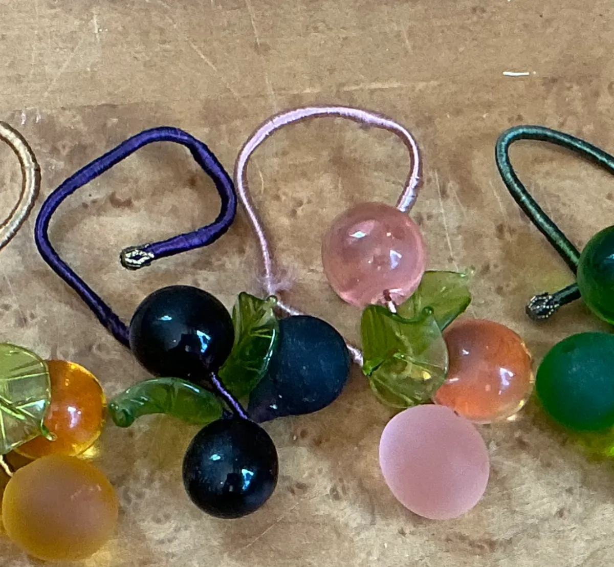 Vintage Glass Fruit Charms with Leaves Napkin Rings