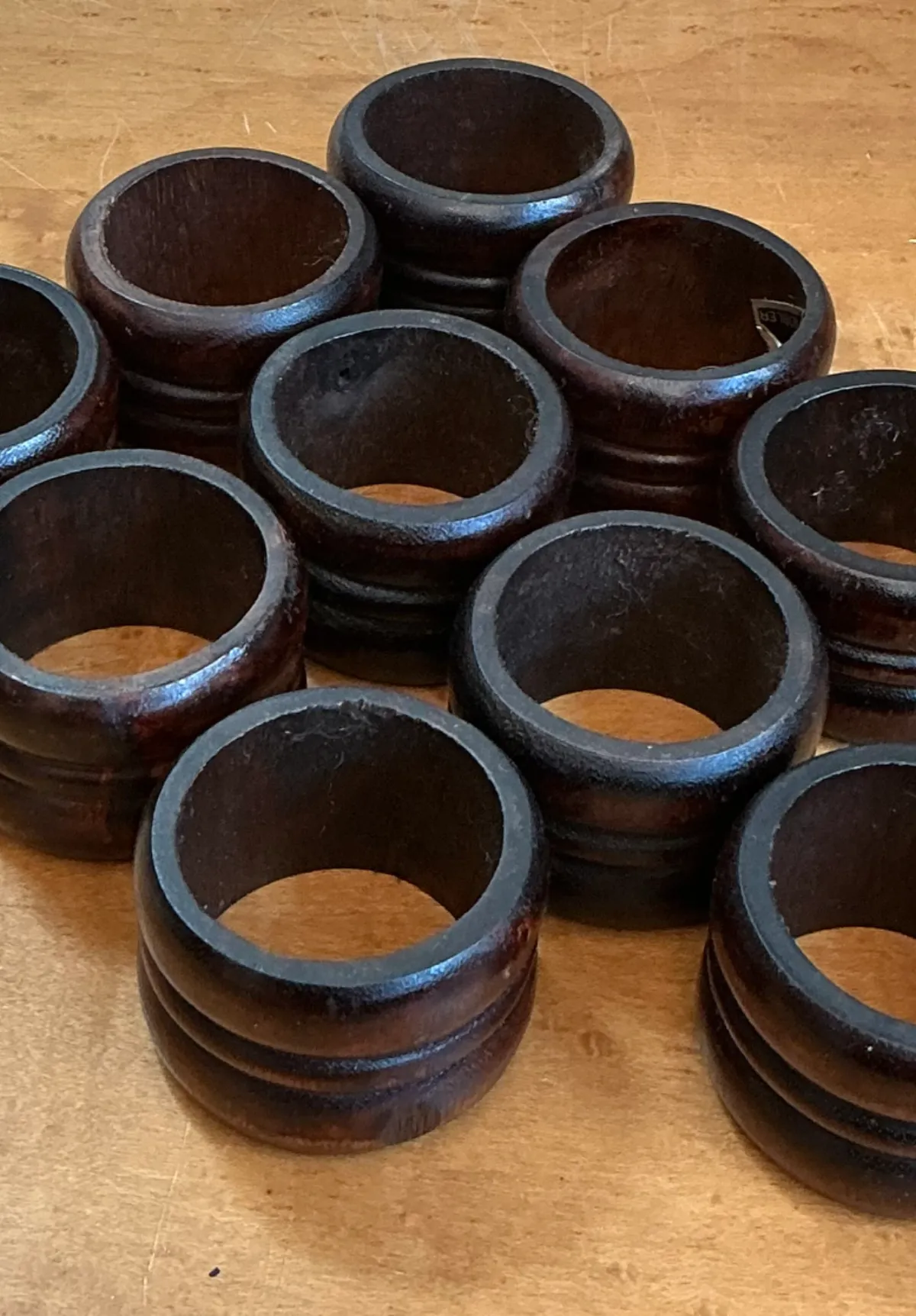 Vintage Carved Wood Napkin Rings - Set of 10 - Angle view