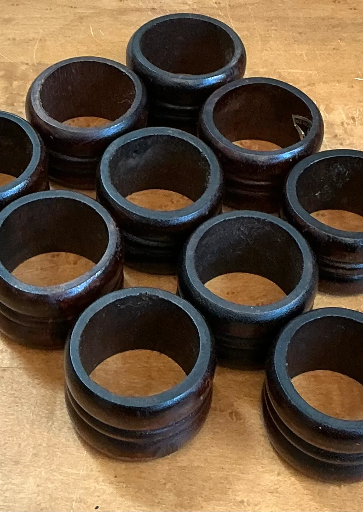 Vintage Carved Wood Napkin Rings - Set of 10 - Top view