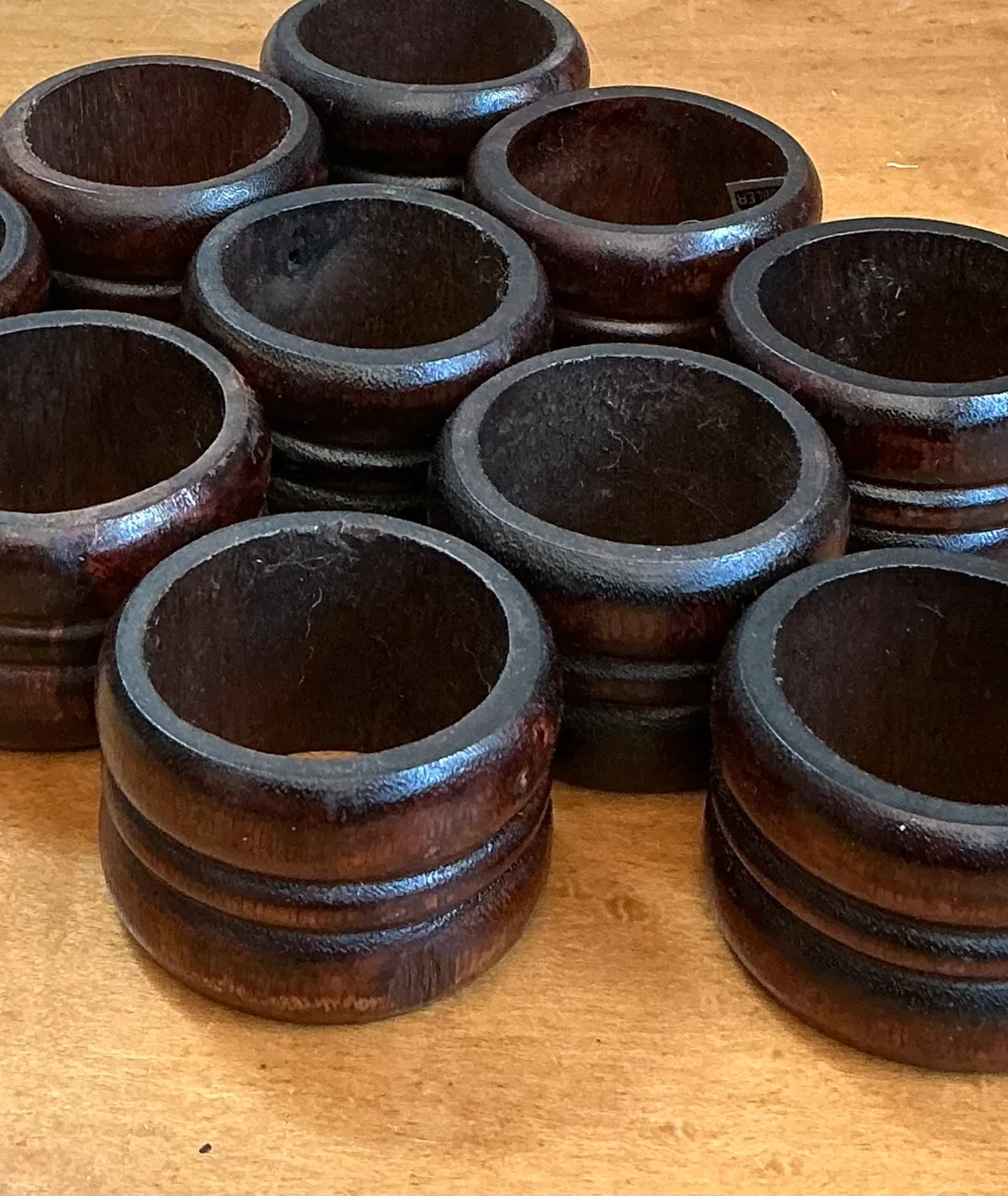 Vintage Carved Wood Napkin Rings - Set of 10 - Close-up view