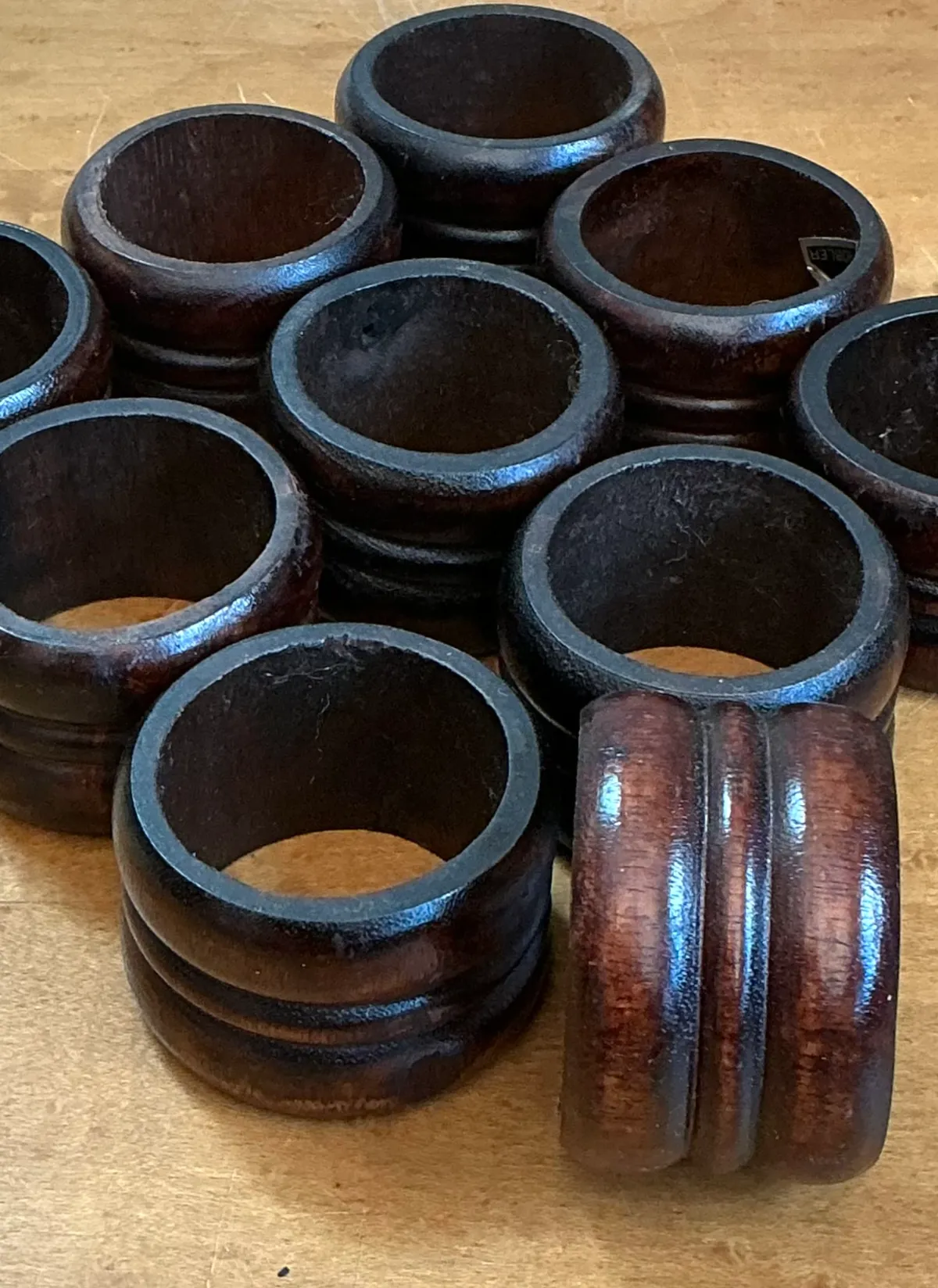 Vintage Carved Wood Napkin Rings - Set of 10 - Side view