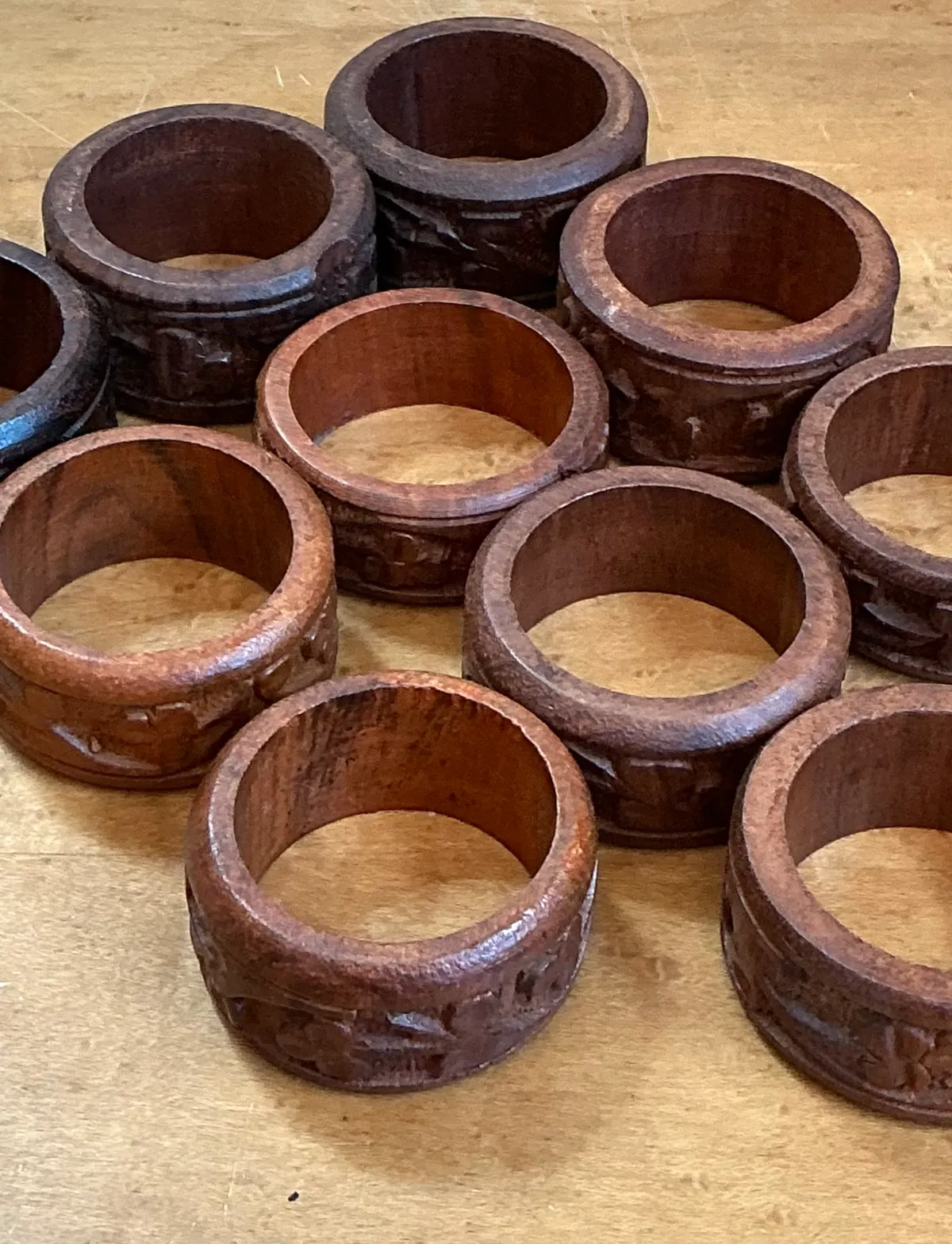 Vintage Carved Wood Napkin Rings - Set of 10