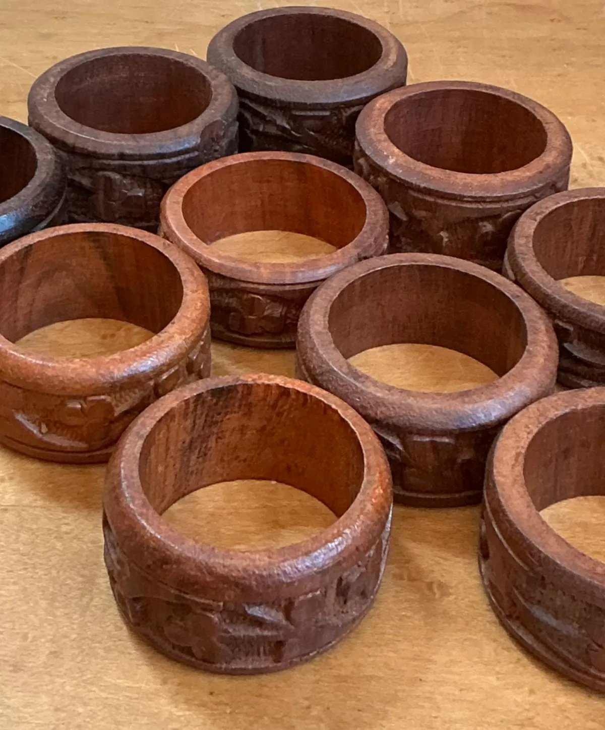 Vintage Carved Wood Napkin Rings - Set of 10 - Top view