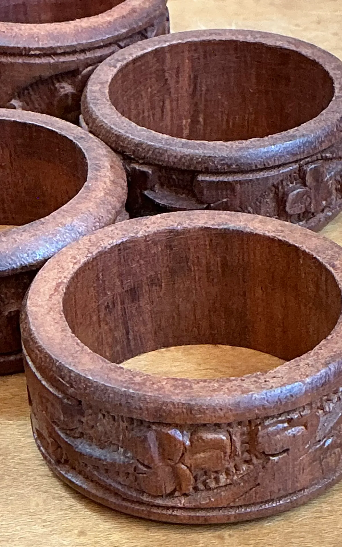 Vintage Carved Wood Napkin Rings - Set of 10 - Angle view