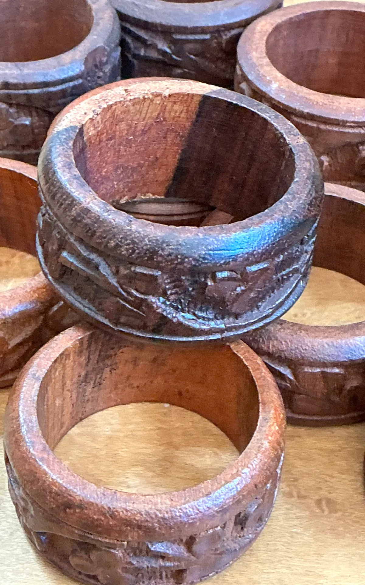 Vintage Carved Wood Napkin Rings - Set of 10 - Side view