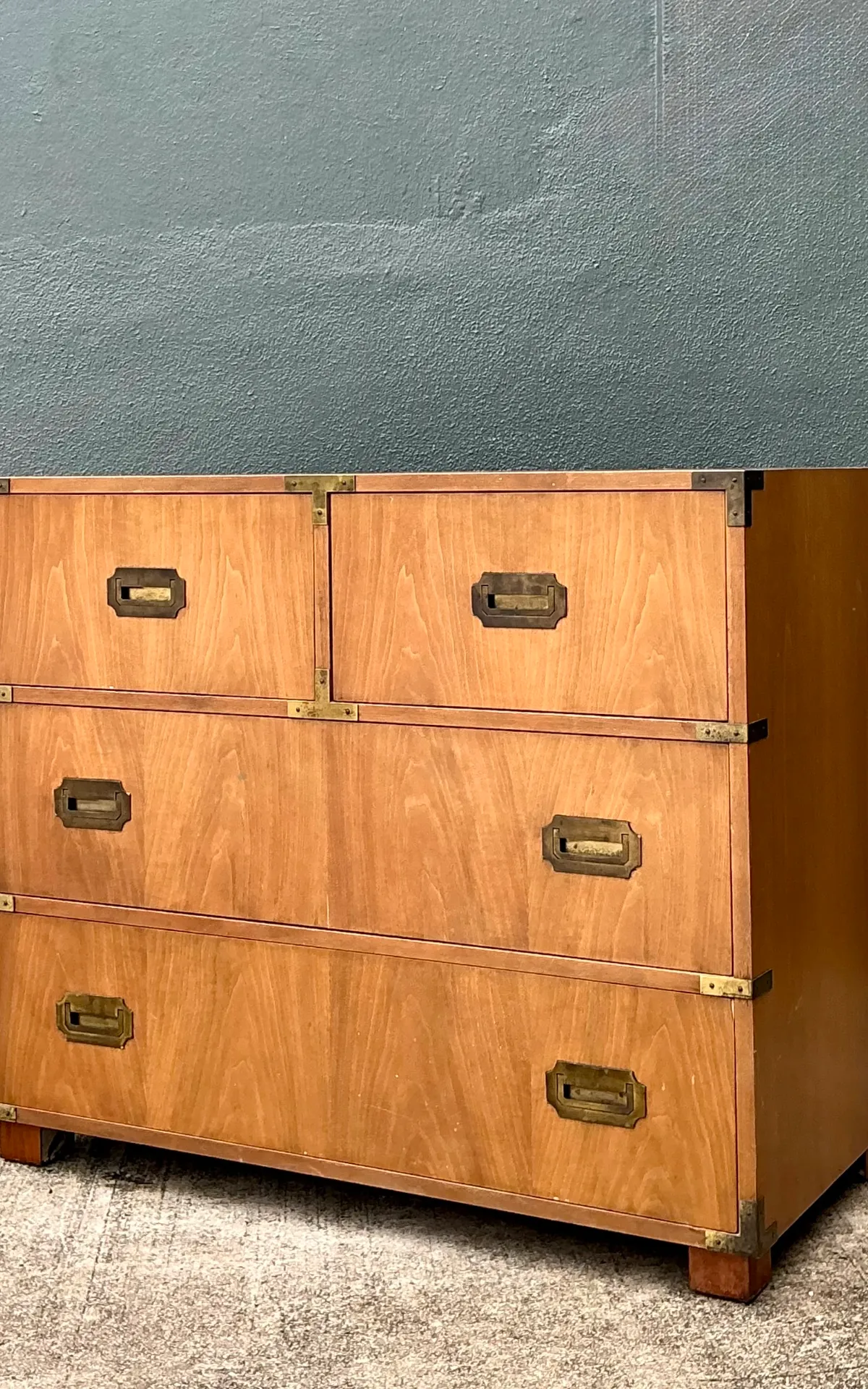 Vintage Baker Wood and Metal Campaign Chest - Close-up view