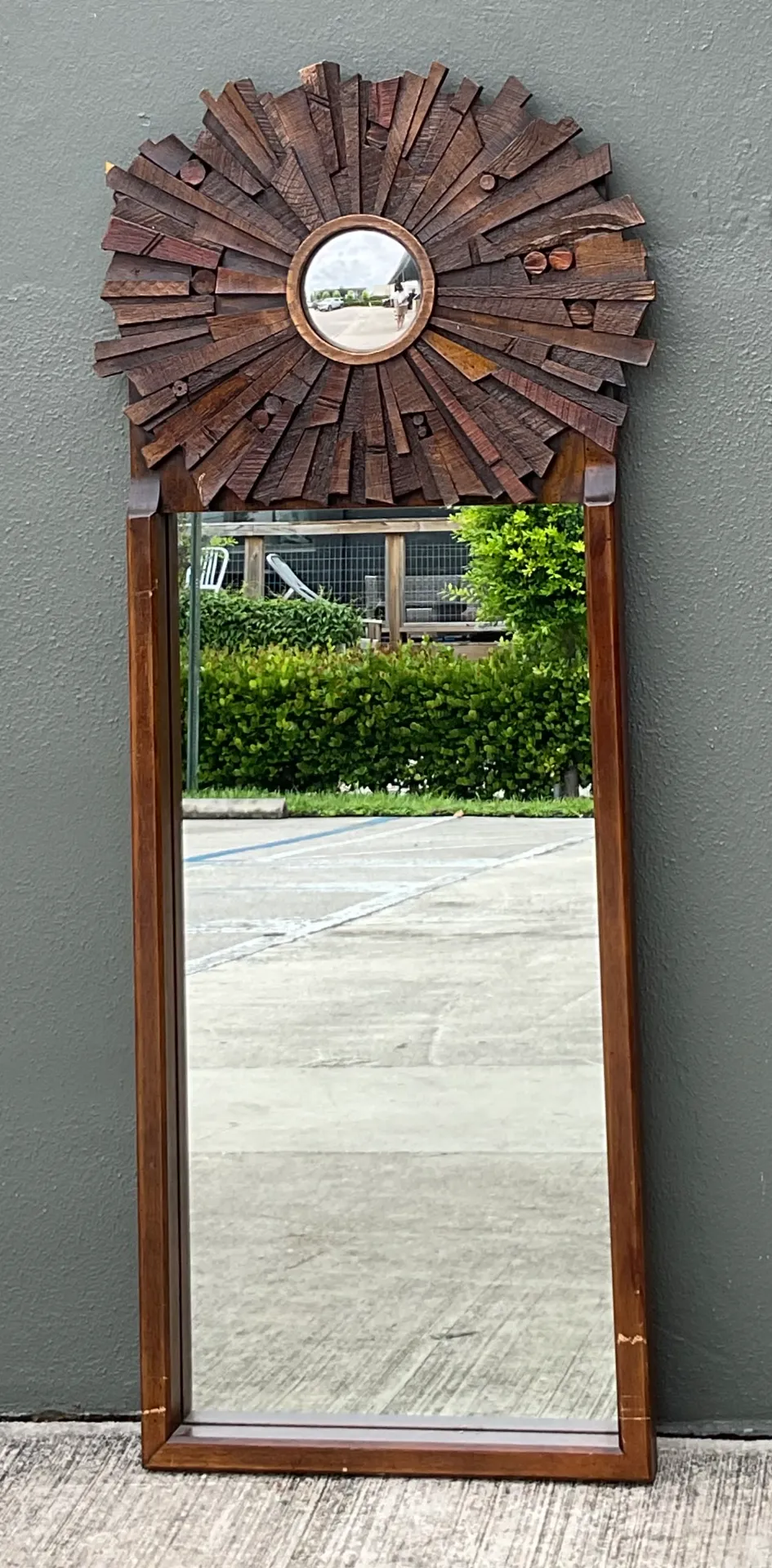 Vintage Brutalist Wood Sunburst Mirrors - A Pair - Side view
