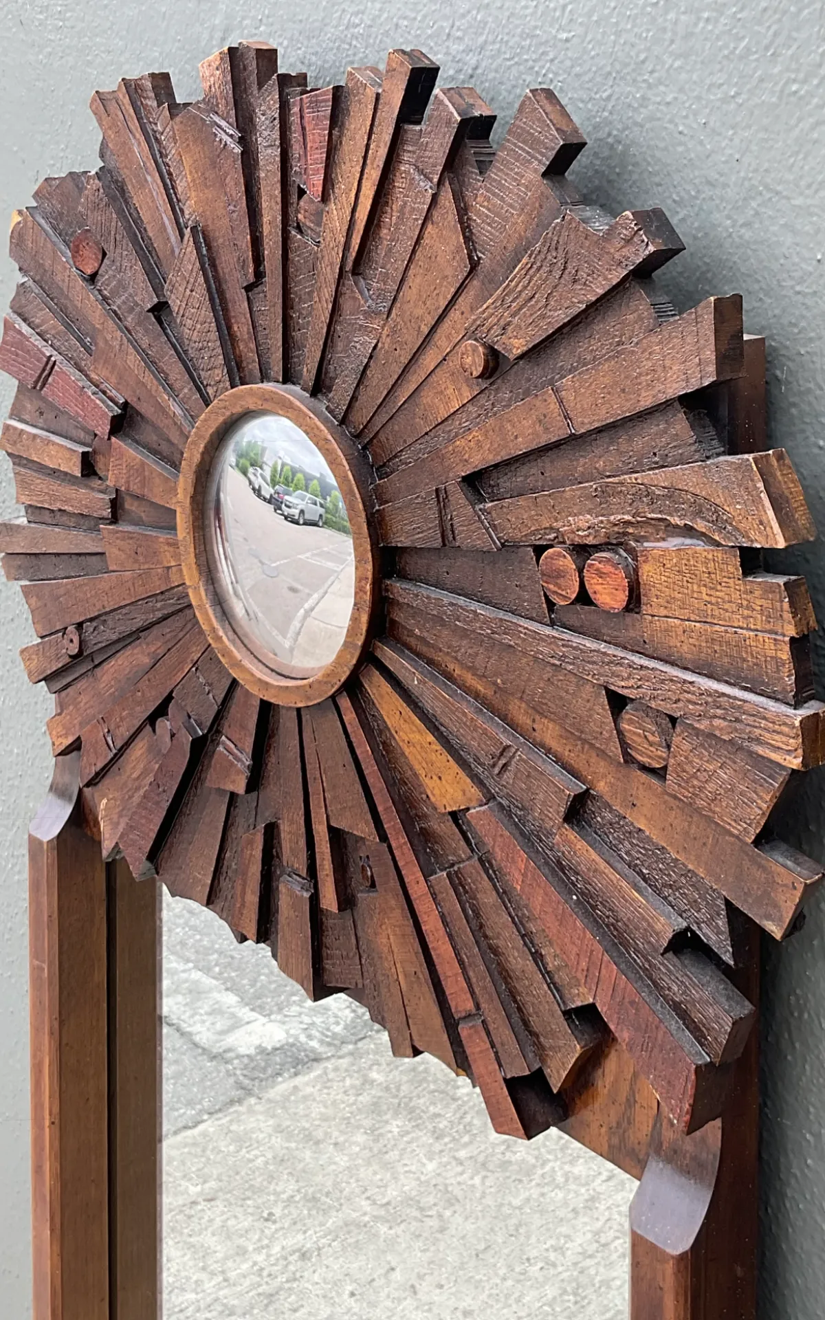 Vintage Brutalist Wood Sunburst Mirrors - A Pair - Top view