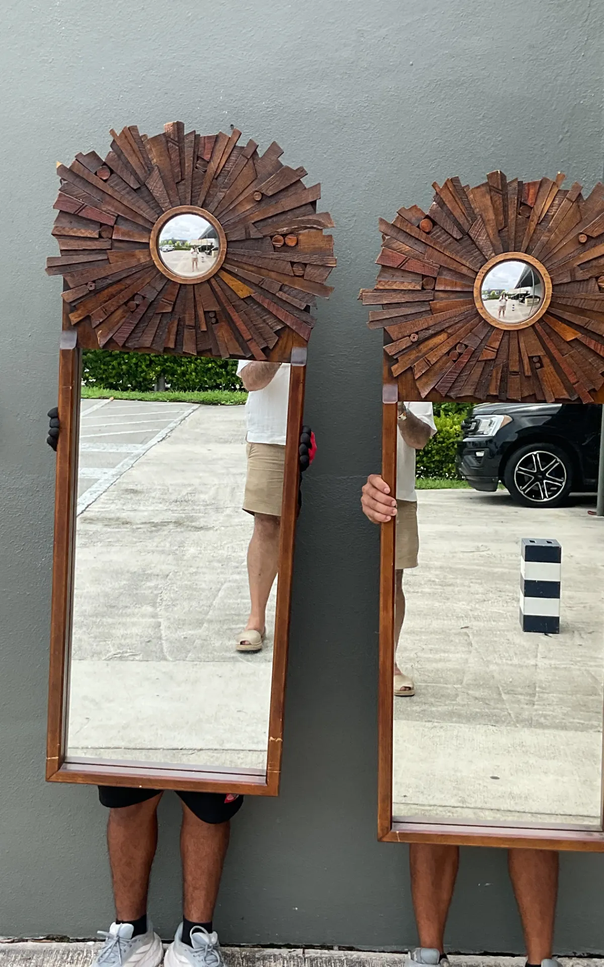 Vintage Brutalist Wood Sunburst Mirrors - A Pair - Angle view