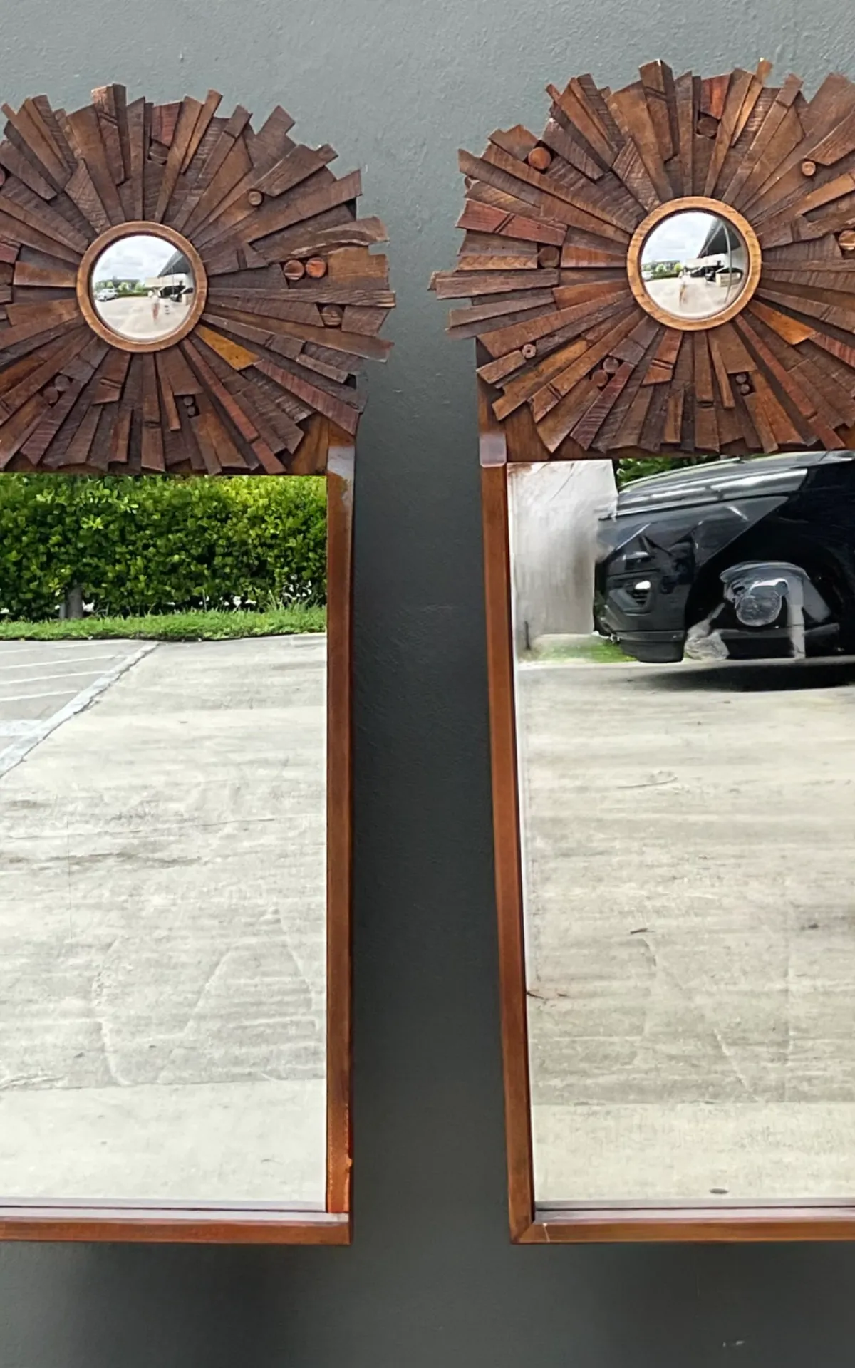 Vintage Brutalist Wood Sunburst Mirrors - A Pair - Close-up view
