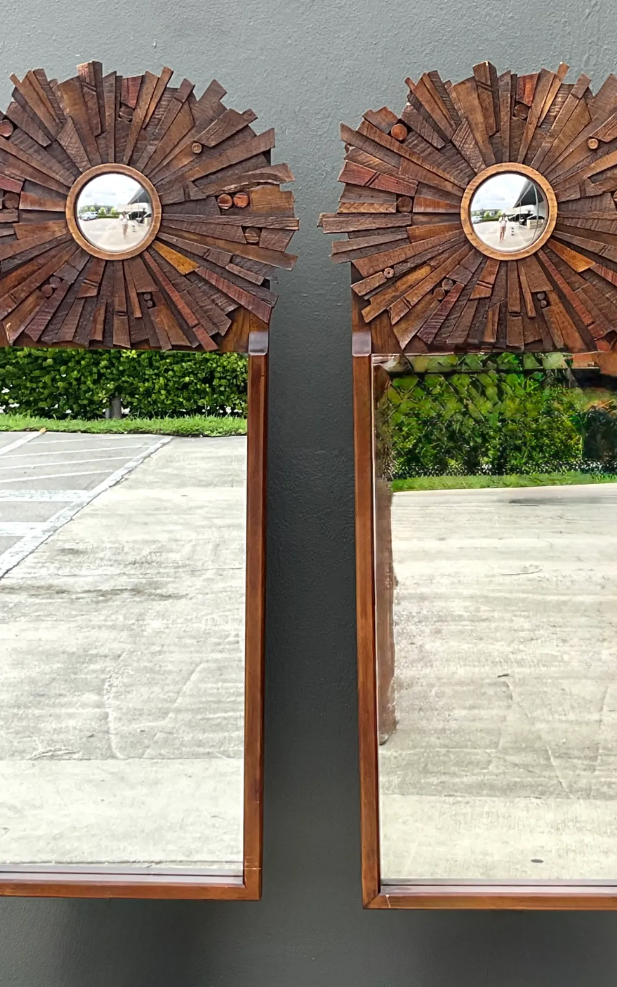 Vintage Brutalist Wood Sunburst Mirrors - A Pair - Interior view