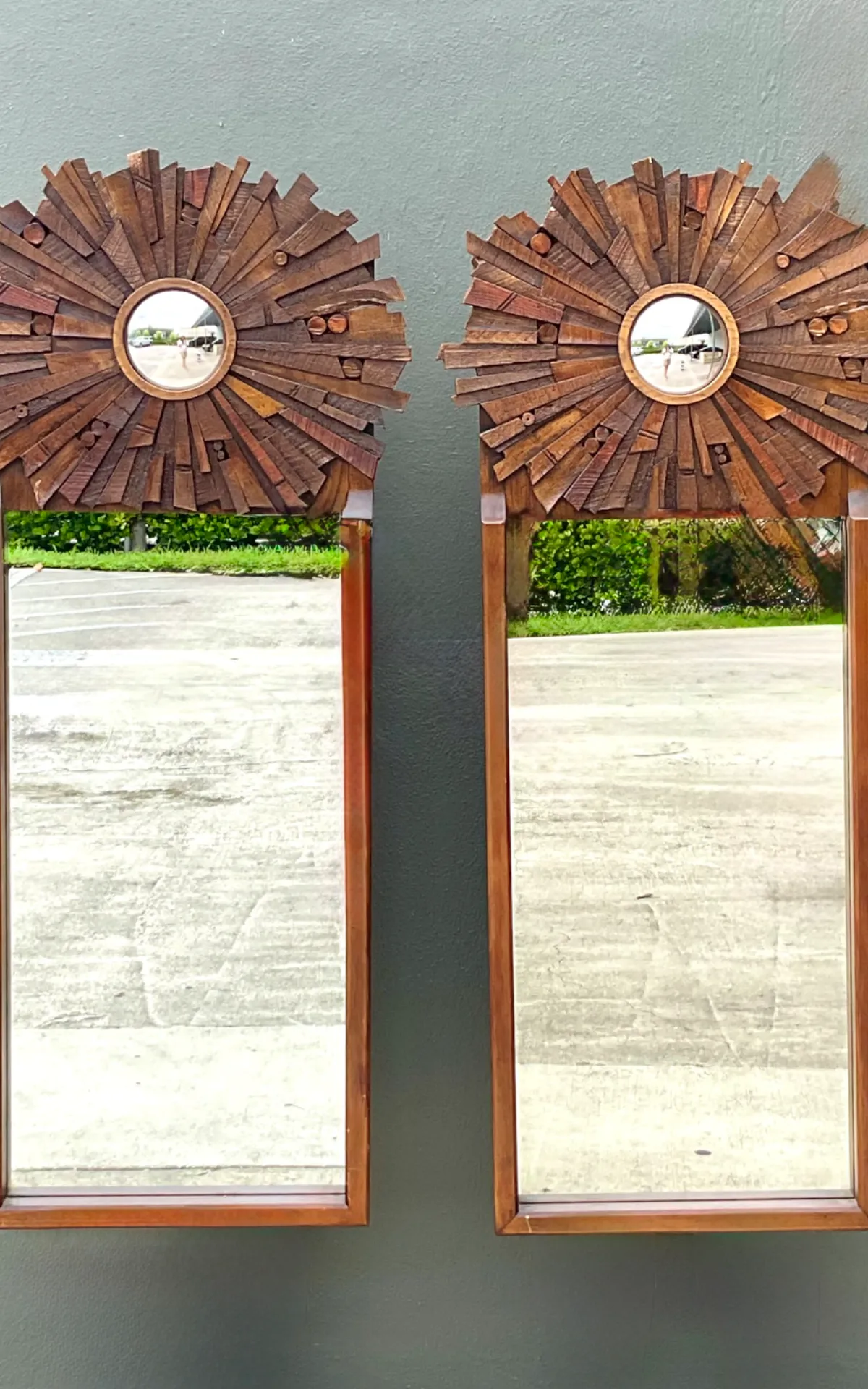 Vintage Brutalist Wood Sunburst Mirrors - A Pair - Bottom view