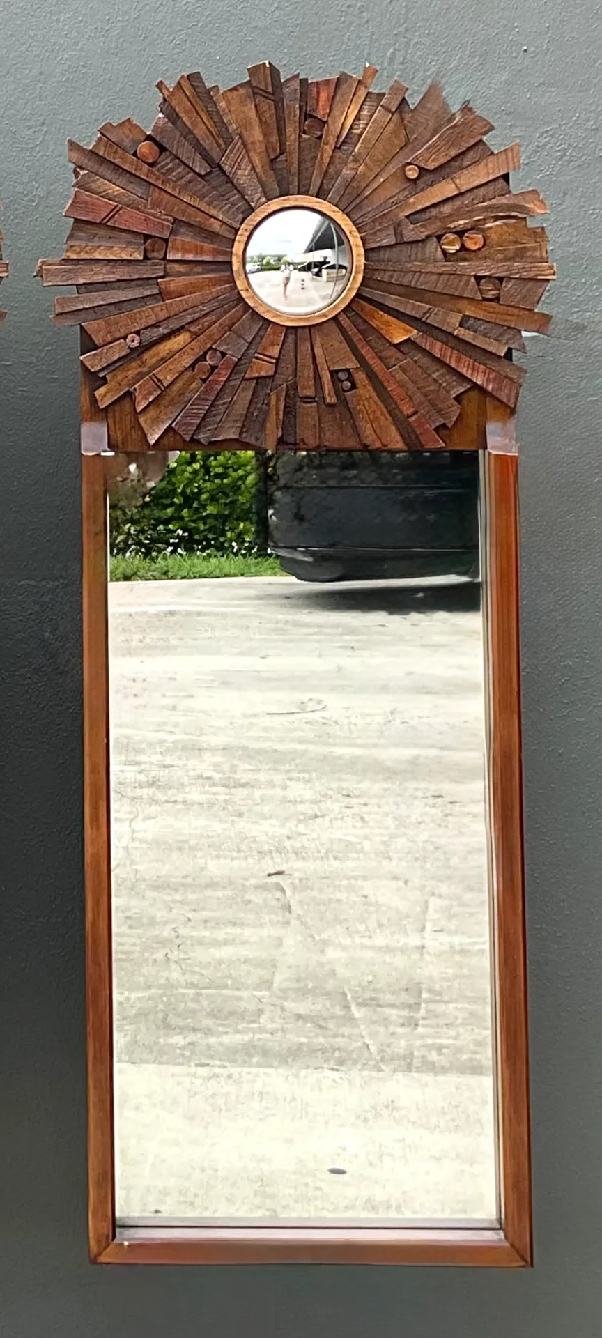 Vintage Brutalist Wood Sunburst Mirrors - A Pair - Back view
