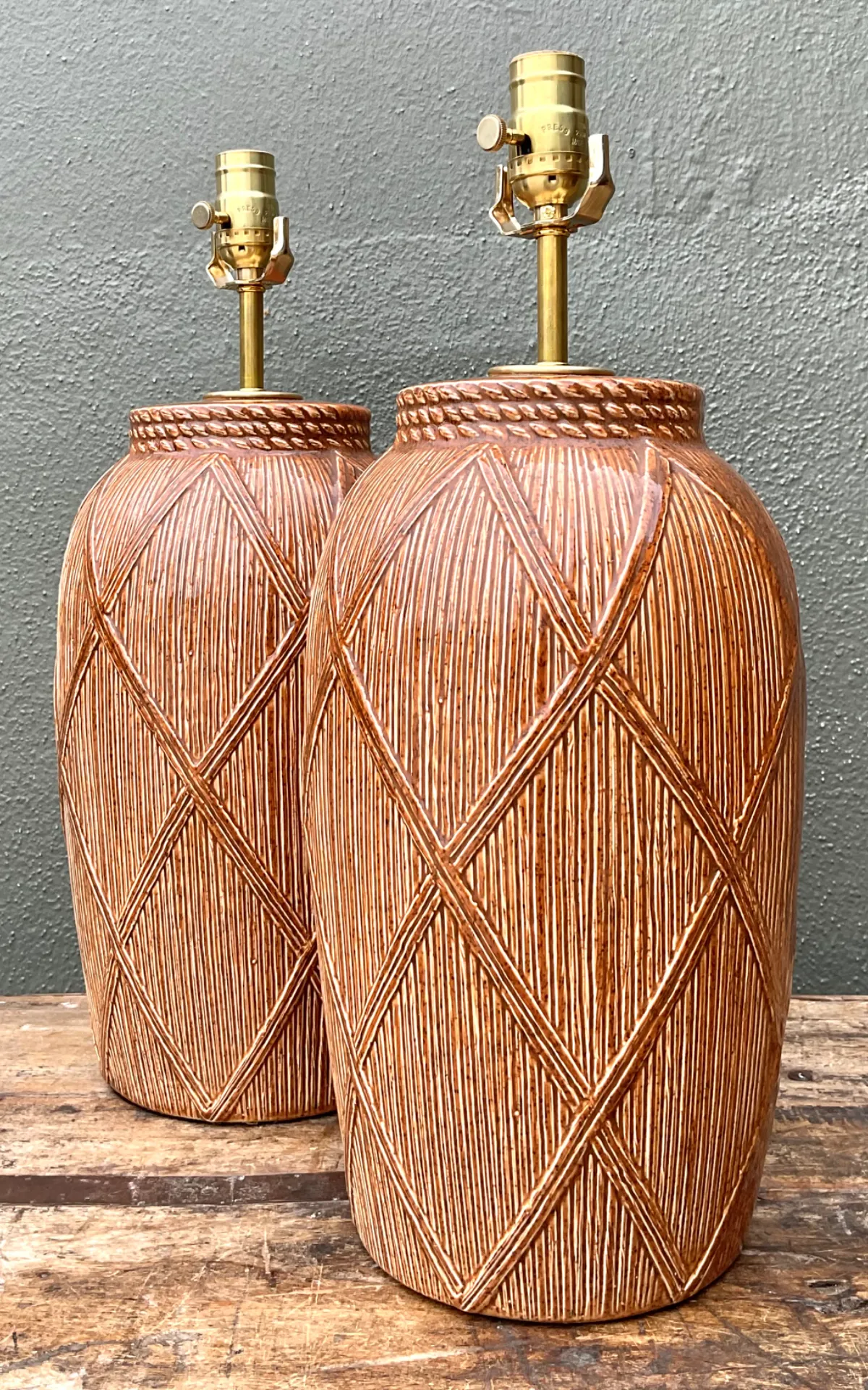 Vintage Textured Ceramic Lamps - A Pair - Close-up view