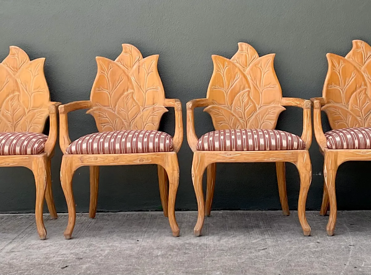 Vintage Carved Wood Leaf Back Chairs - Set of 4 - Interior view