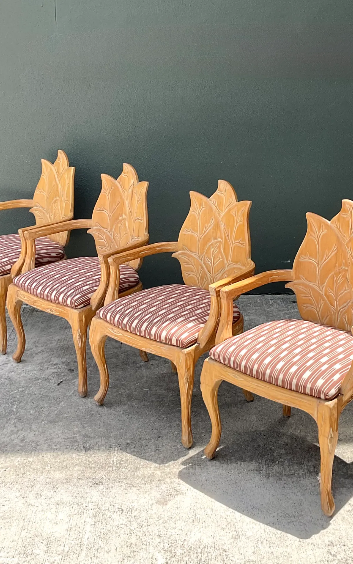 Vintage Carved Wood Leaf Back Chairs - Set of 4