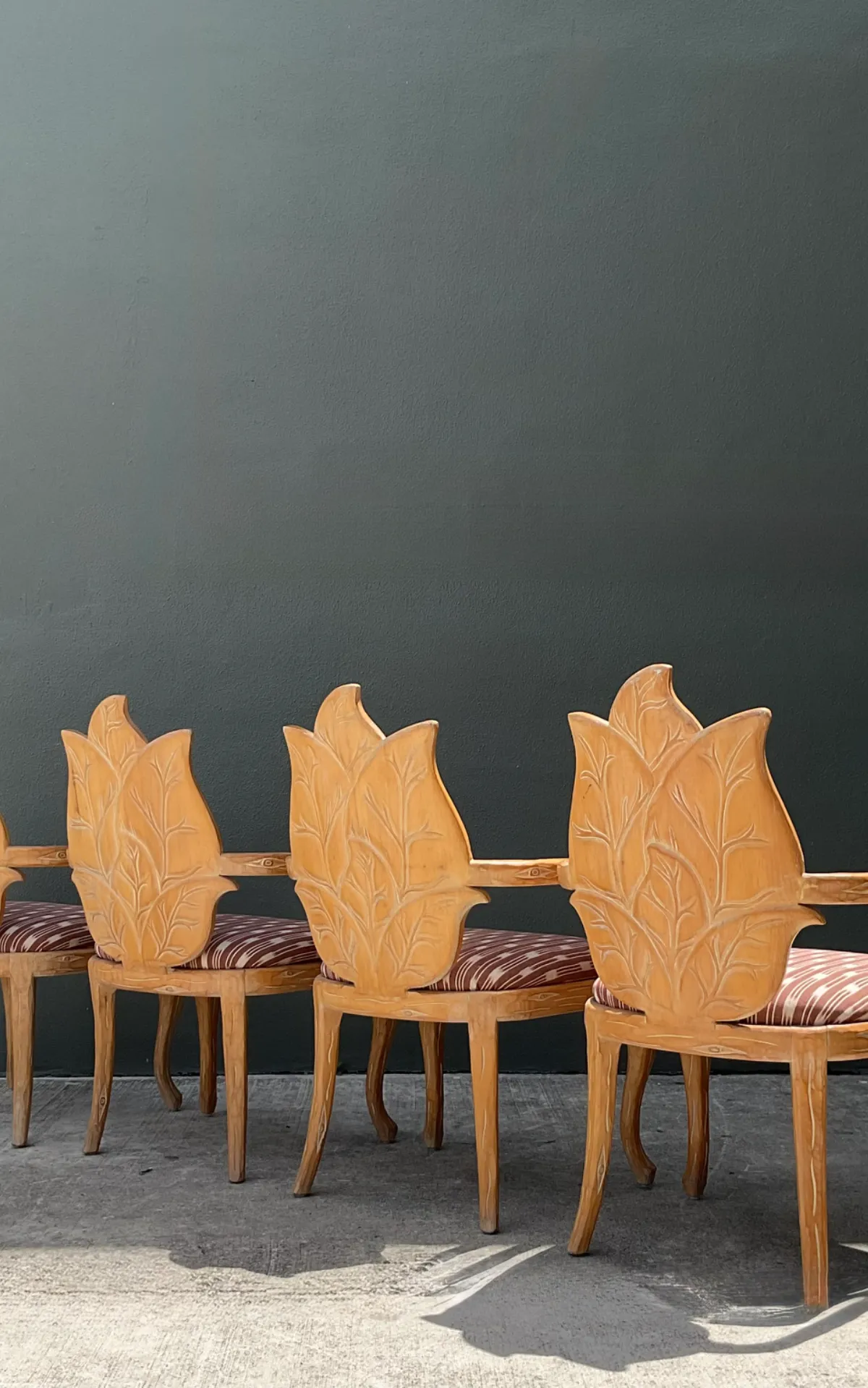 Vintage Carved Wood Leaf Back Chairs - Set of 4 - Close-up view