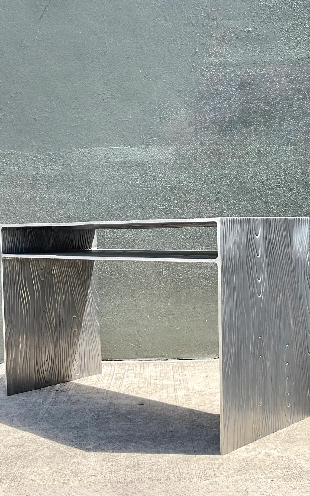 Vintage Wood Grain Metal Console Table - Back view