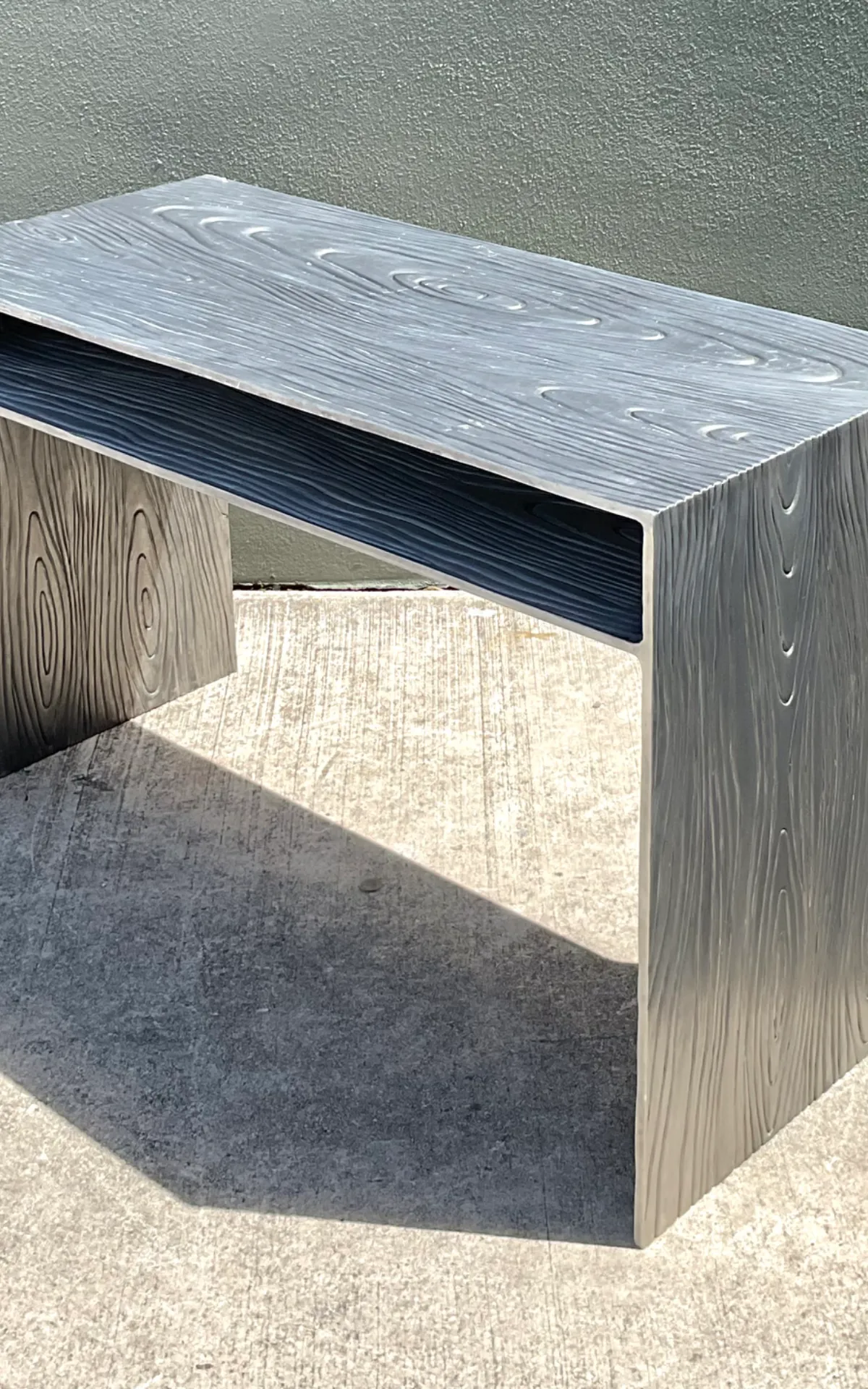 Vintage Wood Grain Metal Console Table - Top view