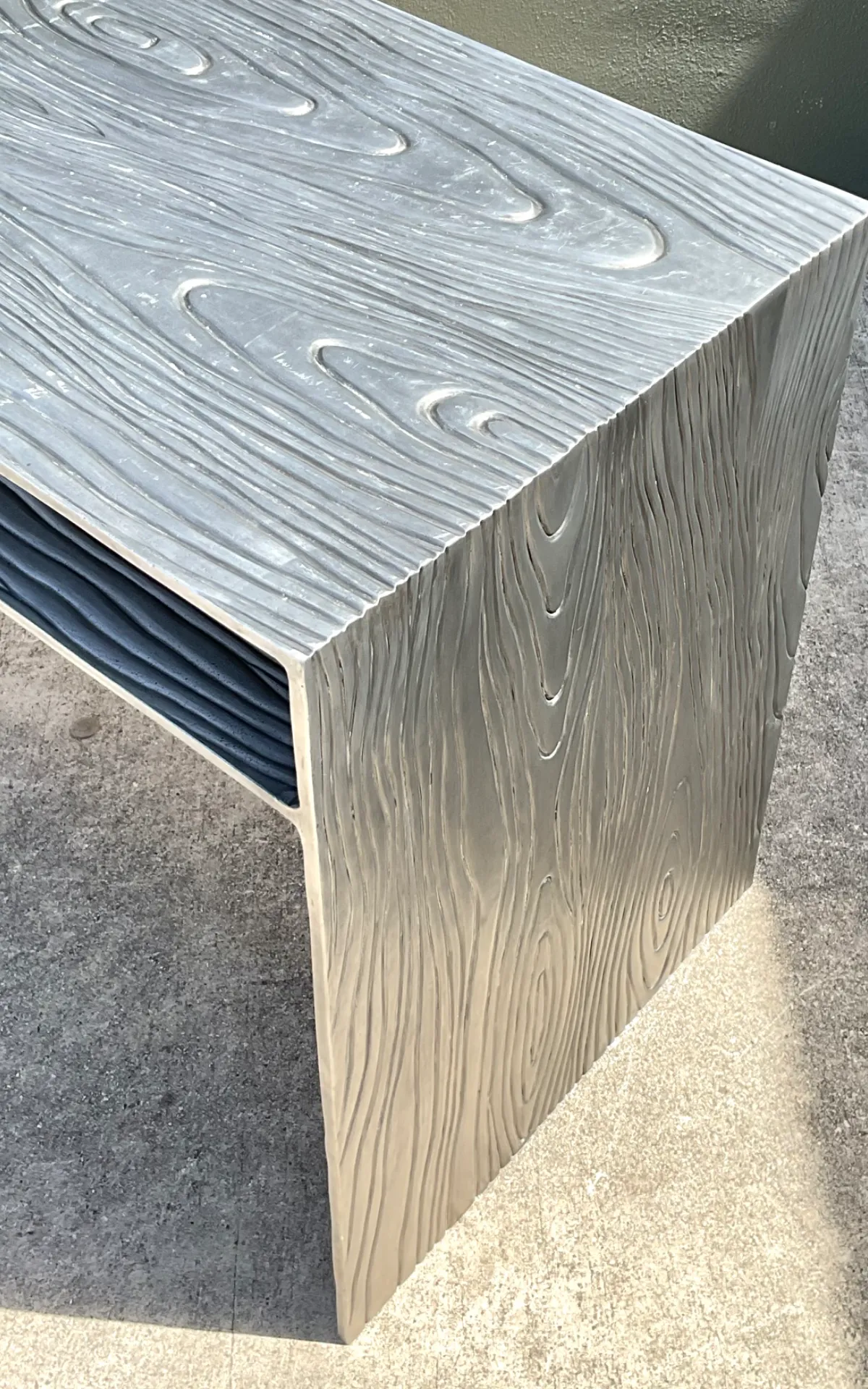 Vintage Wood Grain Metal Console Table - Side view