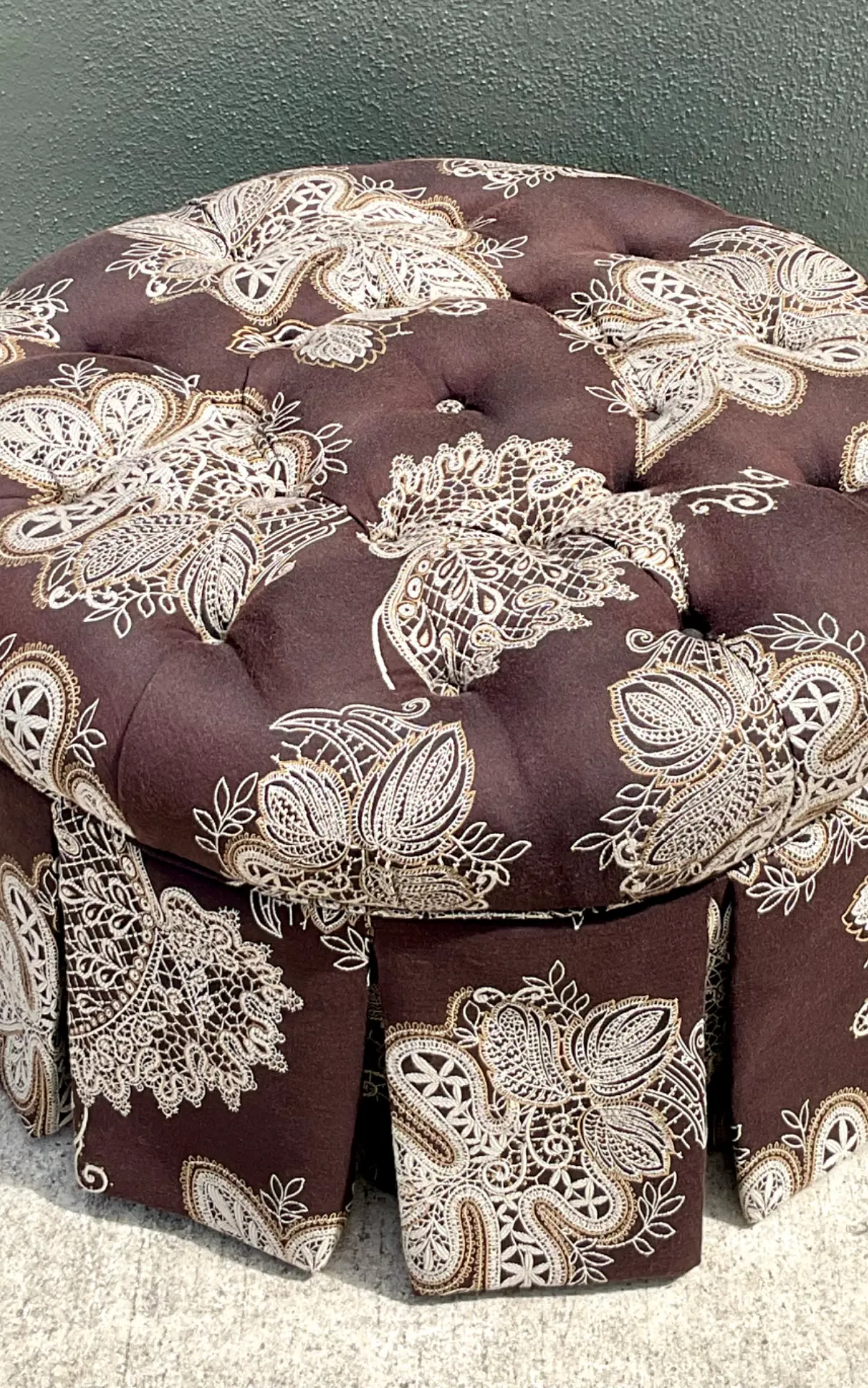 Vintage Paisley Tufted Ottoman - Side view