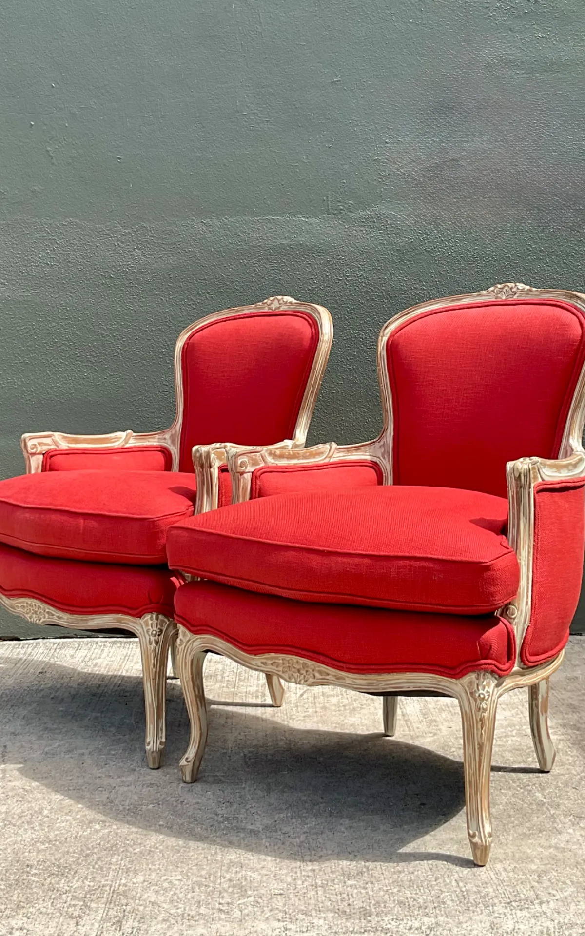 Vintage Carved Wood Upholstered Bergere Chairs - A Pair - Close-up view