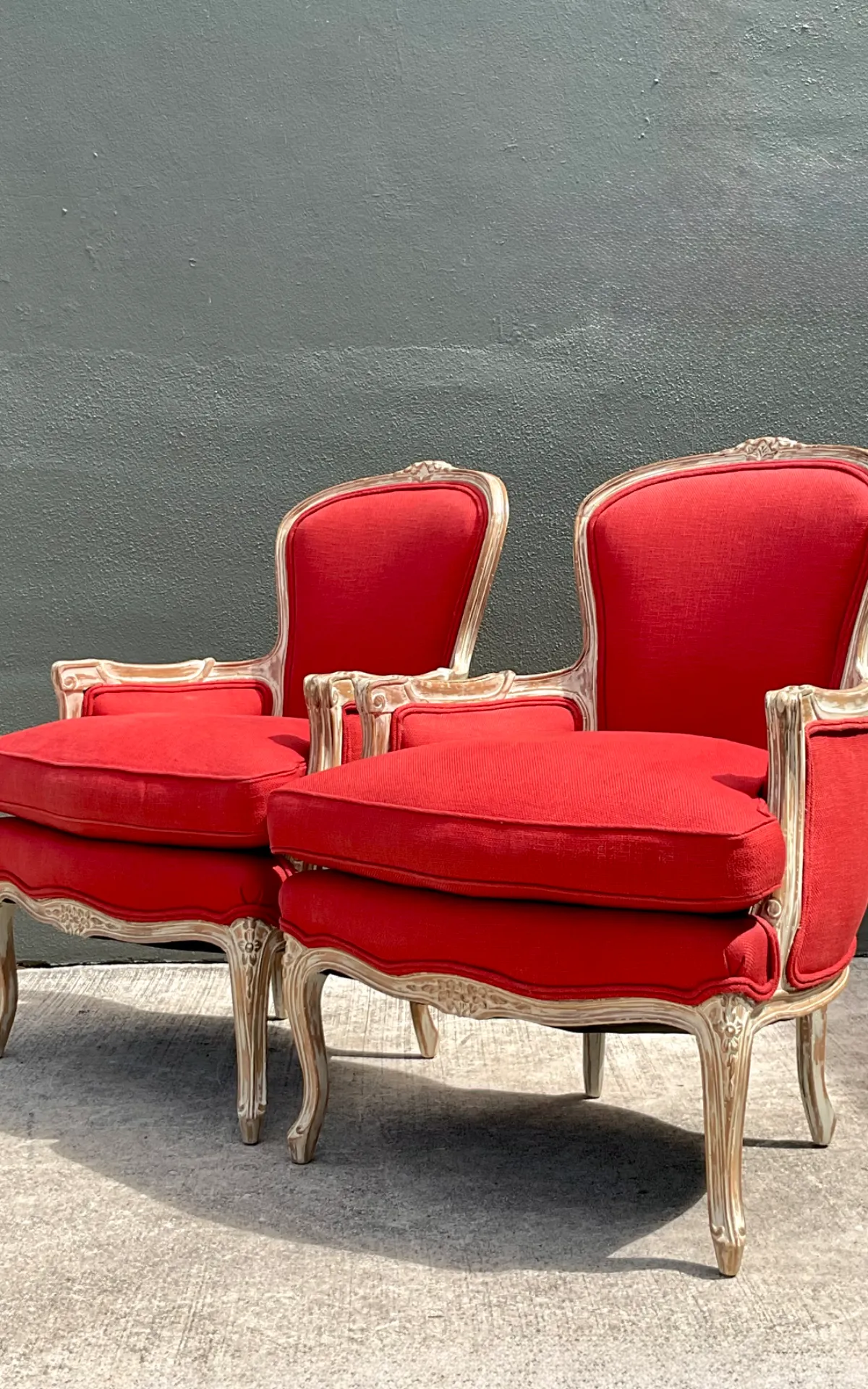 Vintage Carved Wood Upholstered Bergere Chairs - A Pair - Side view