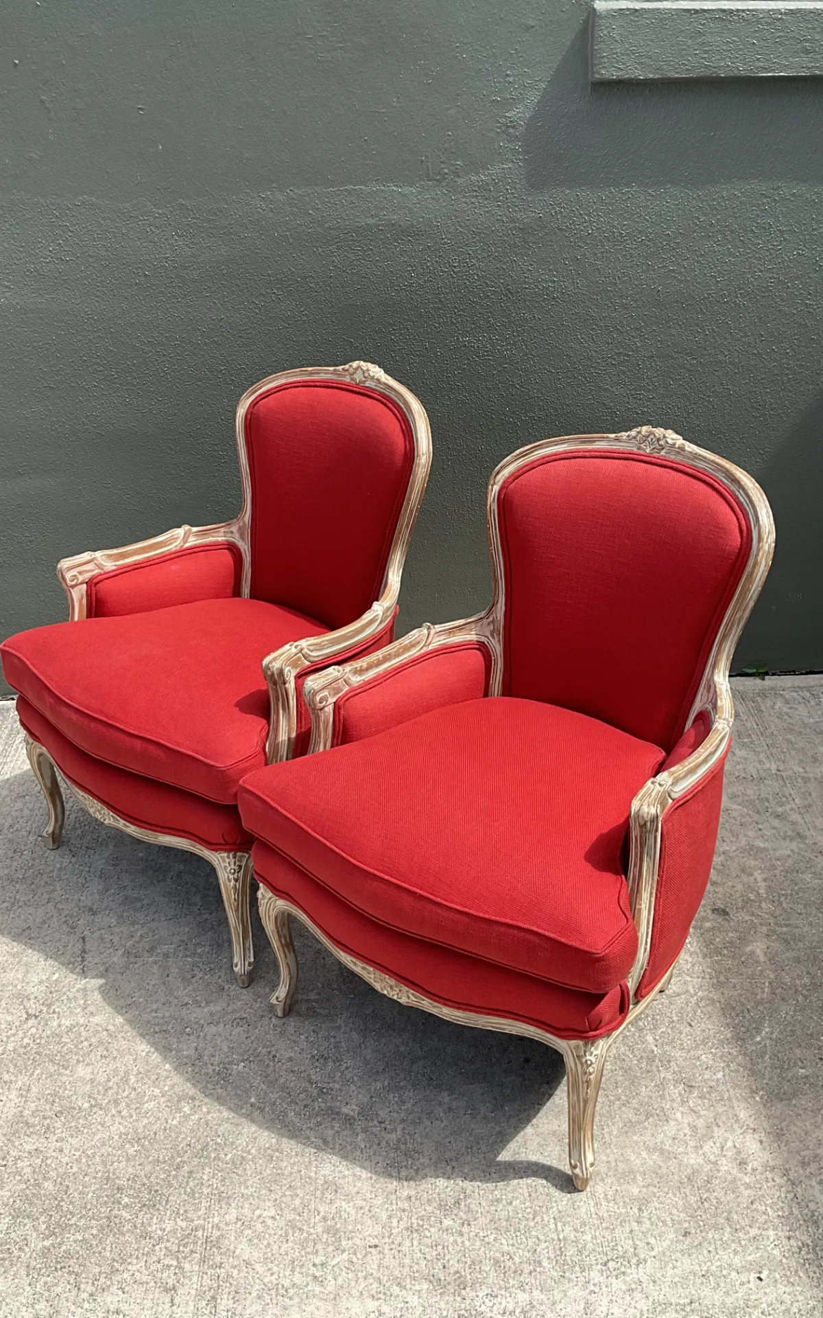 Vintage Carved Wood Upholstered Bergere Chairs - A Pair - Interior view