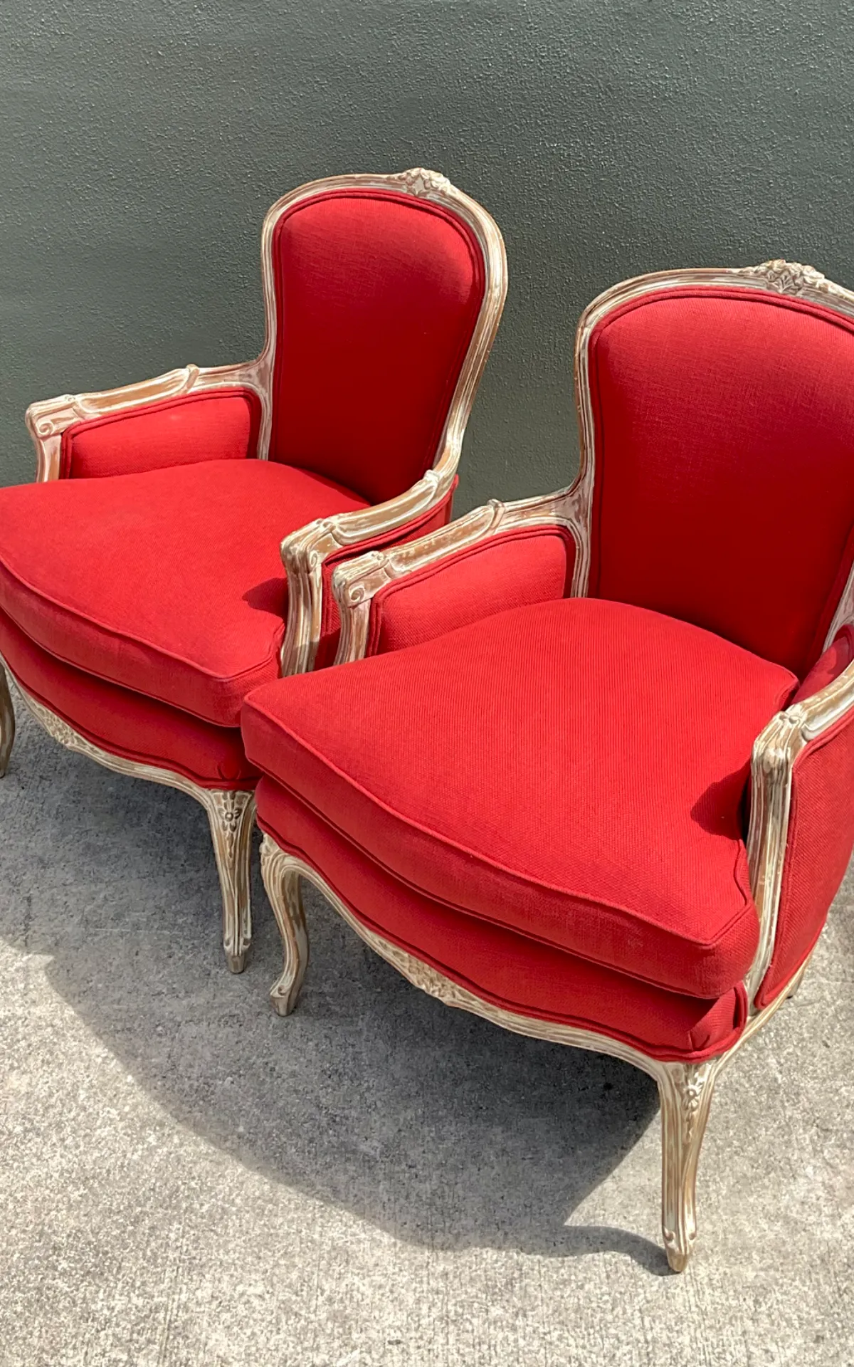 Vintage Carved Wood Upholstered Bergere Chairs - A Pair - Angle view