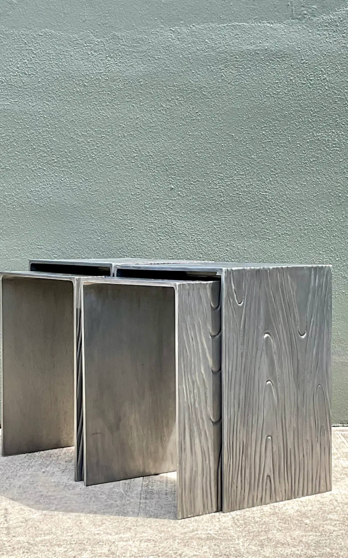 Vintage Wood Grain Metal Nesting Tables - Set Of 4 - Top view