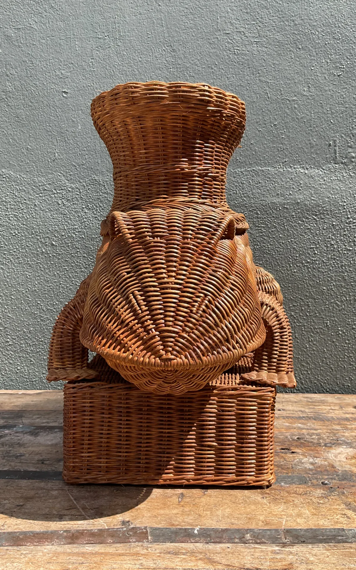 Vintage Woven Rattan Frog Table - Close-up view