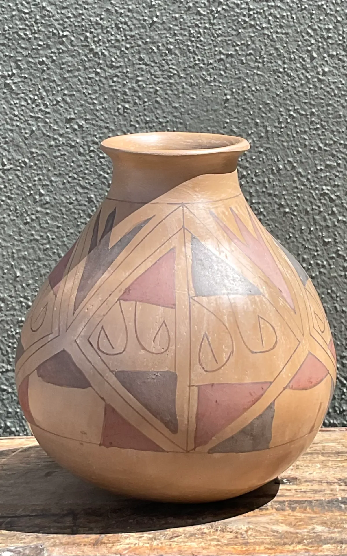 Vintage Hand-Painted Geometric Pottery Vase - Top view