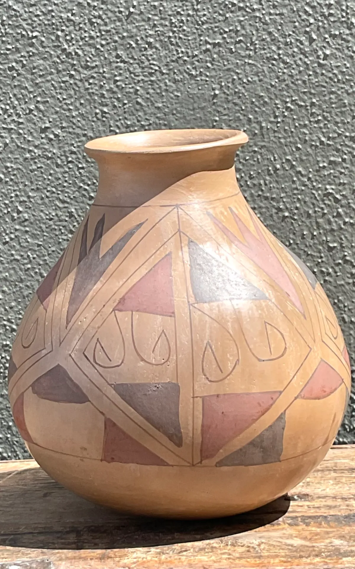 Vintage Hand-Painted Geometric Pottery Vase - Angle view