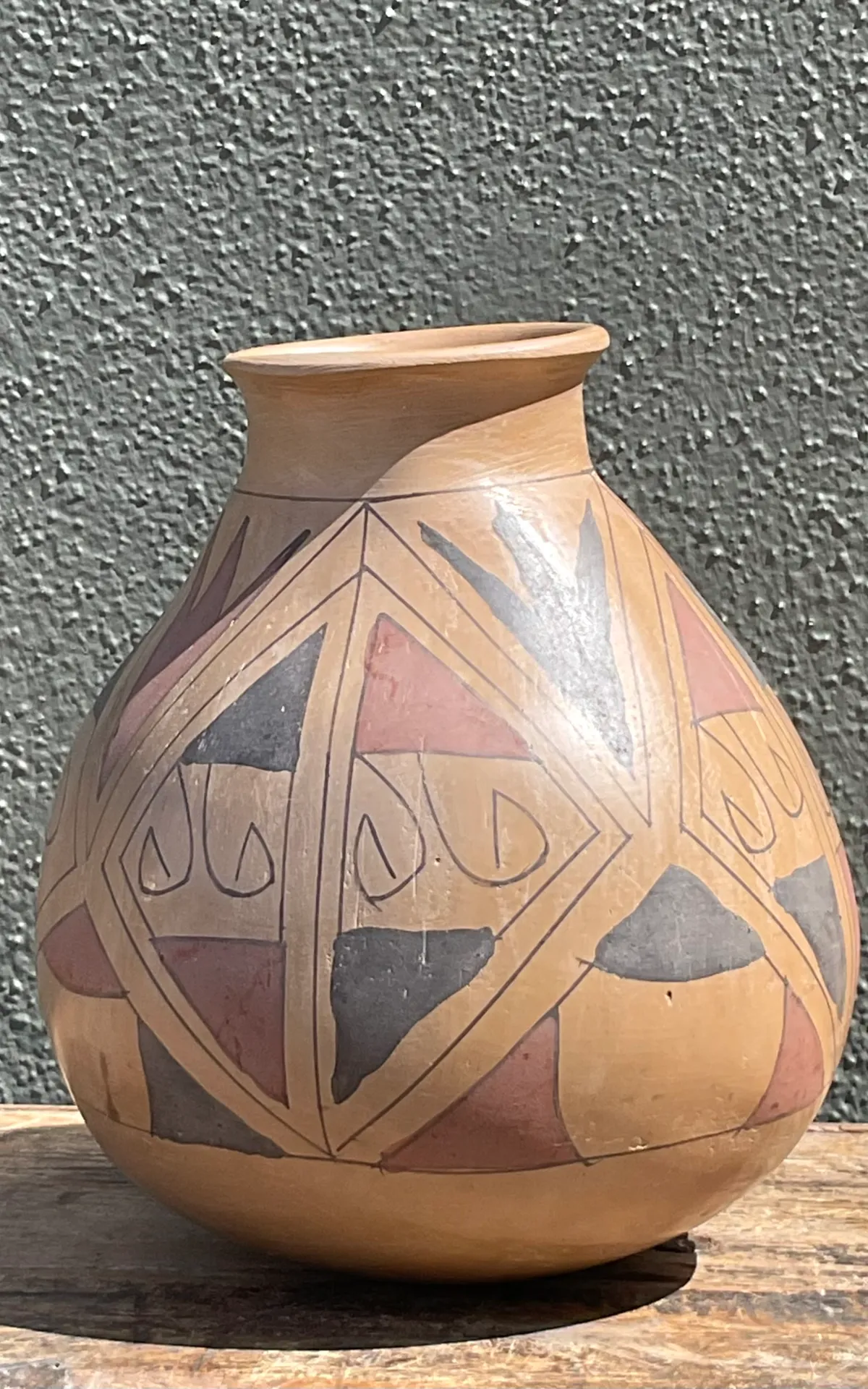 Vintage Hand-Painted Geometric Pottery Vase - Side view