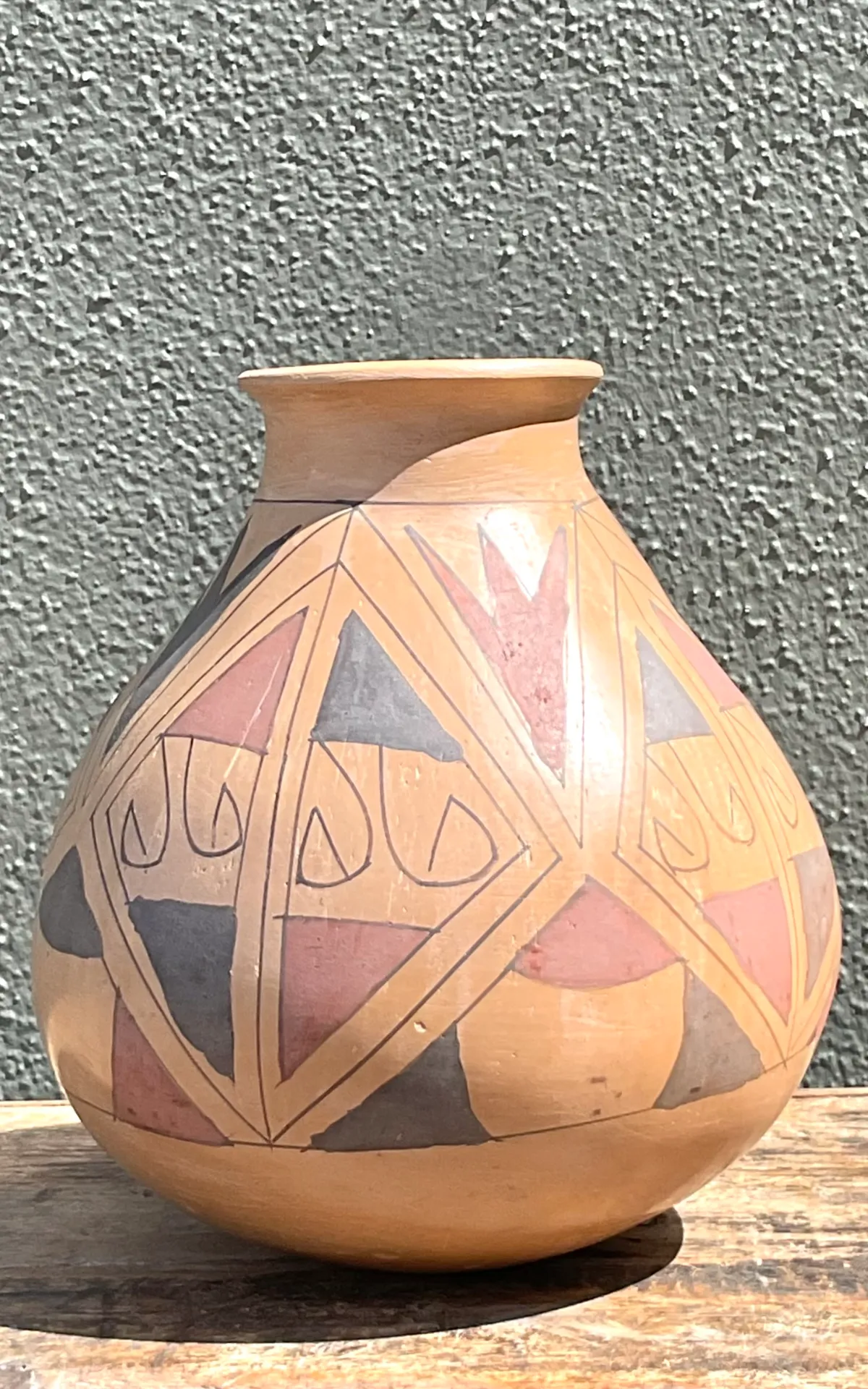 Vintage Hand-Painted Geometric Pottery Vase