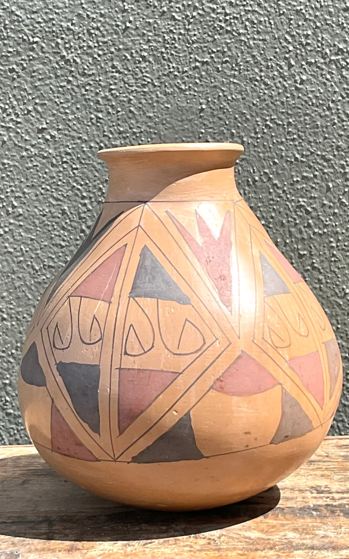 Vintage Hand-Painted Geometric Pottery Vase - Close-up view