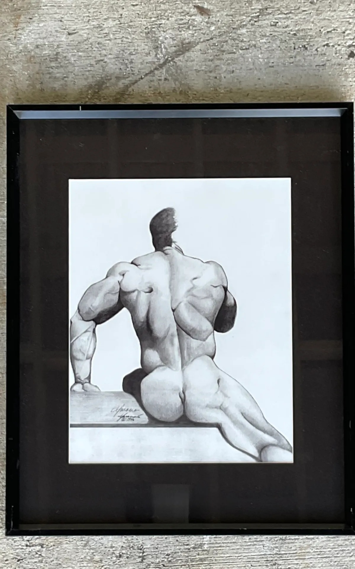 Vintage Male Nude Drawing on Paper - Angle view