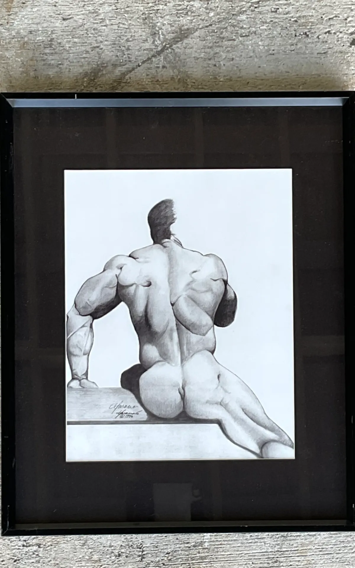 Vintage Male Nude Drawing on Paper - Close-up view