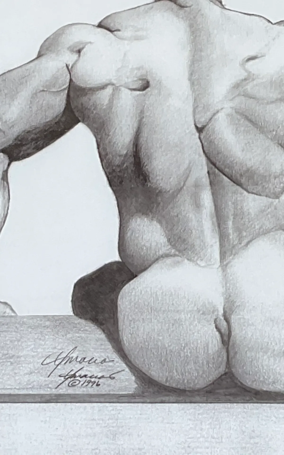 Vintage Male Nude Drawing on Paper - Side view