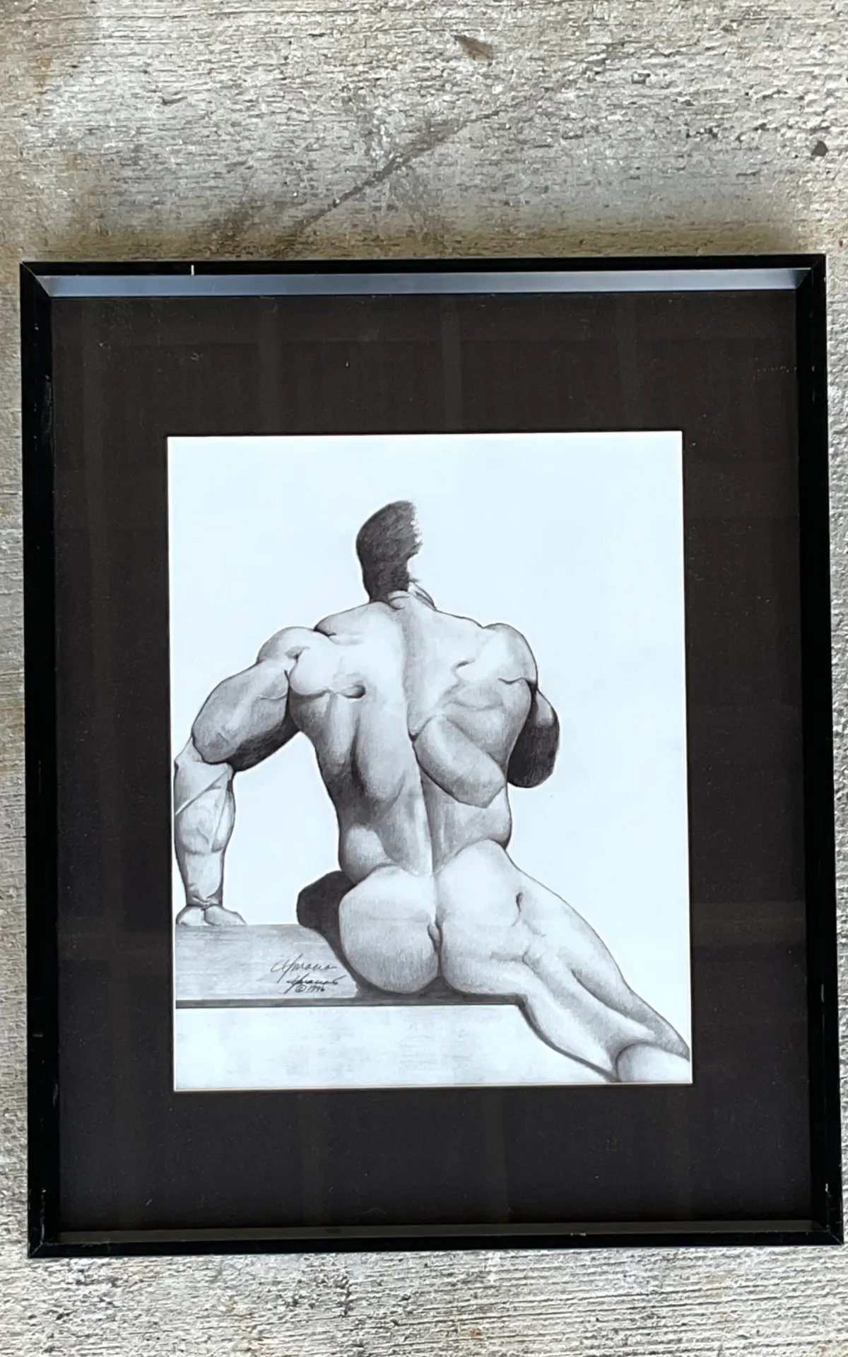 Vintage Male Nude Drawing on Paper - Back view