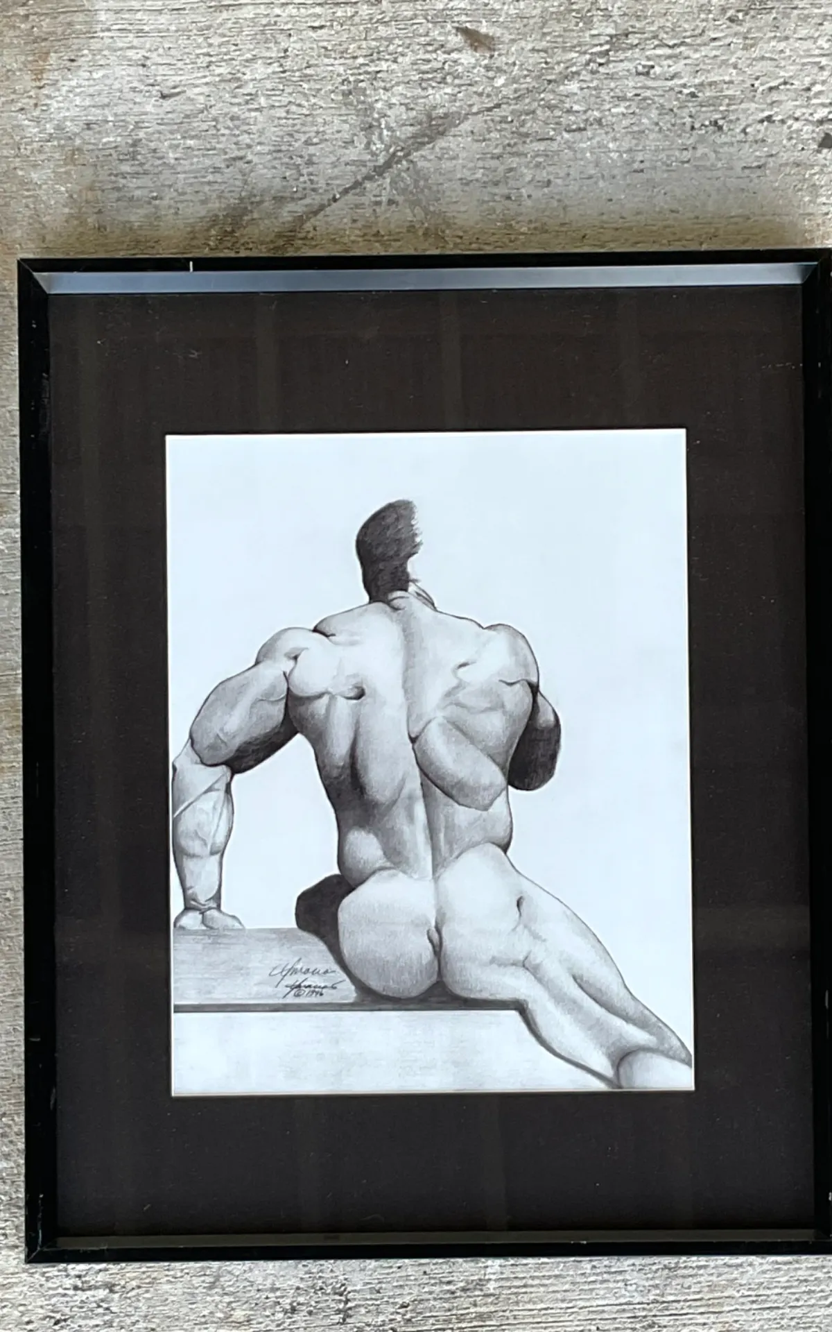 Vintage Male Nude Drawing on Paper - Top view