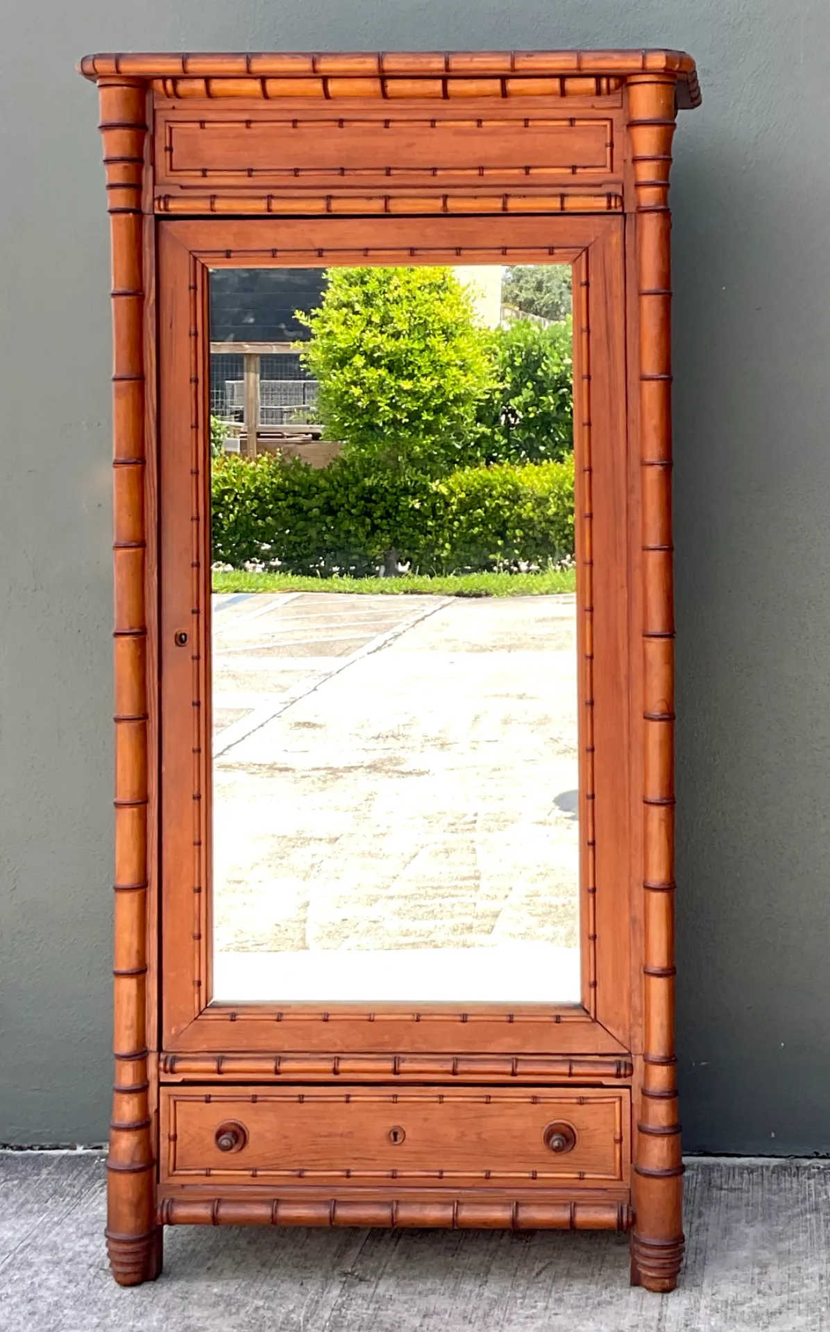 Vintage Faux Bamboo Armoire with Mirror - Angle view