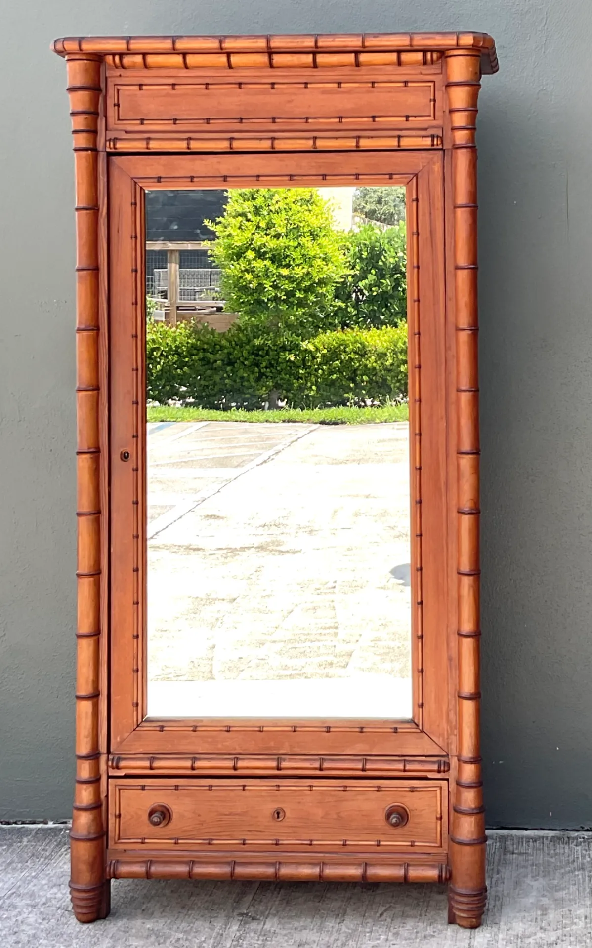 Vintage Faux Bamboo Armoire with Mirror