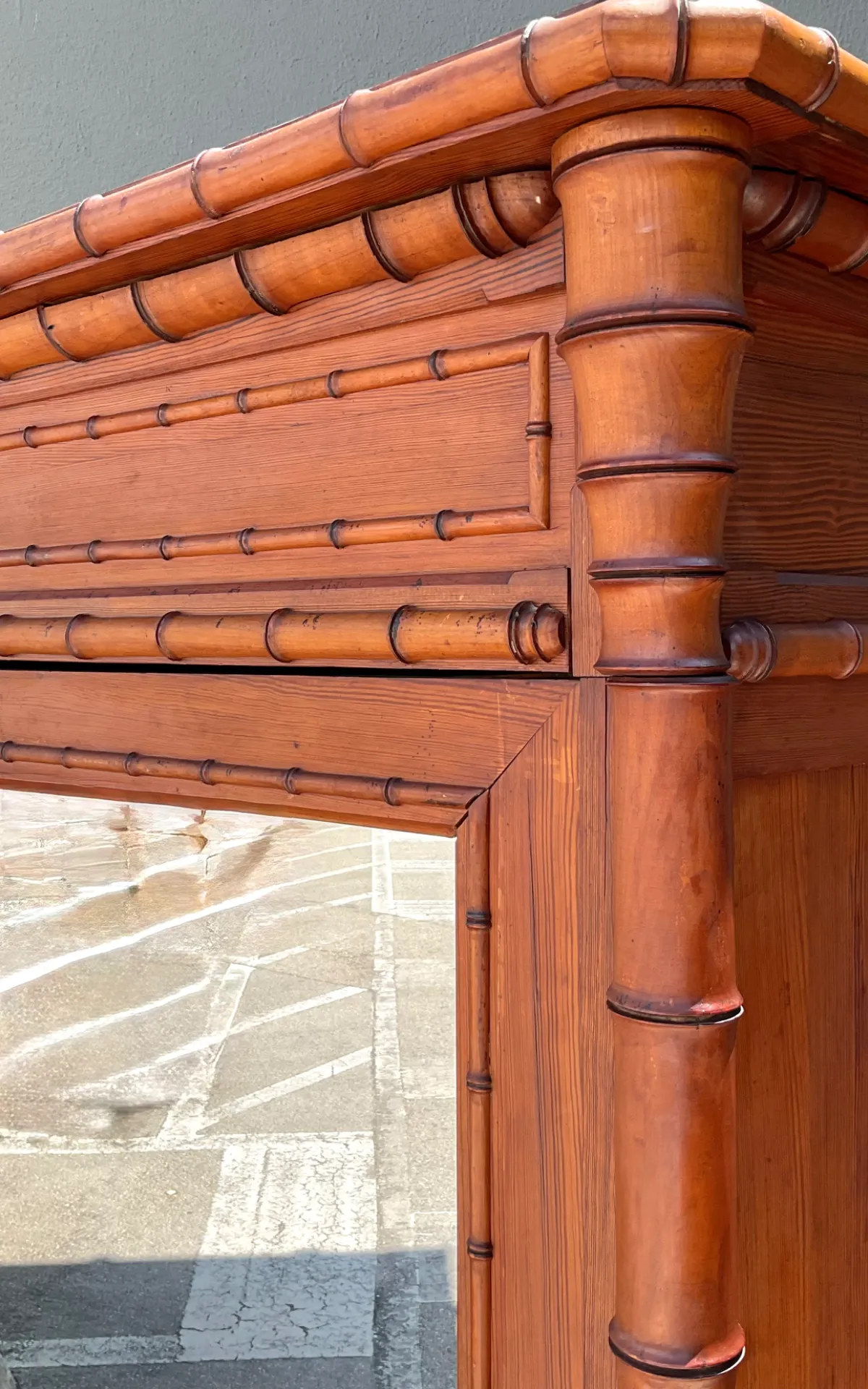 Vintage Faux Bamboo Armoire with Mirror - Close-up view