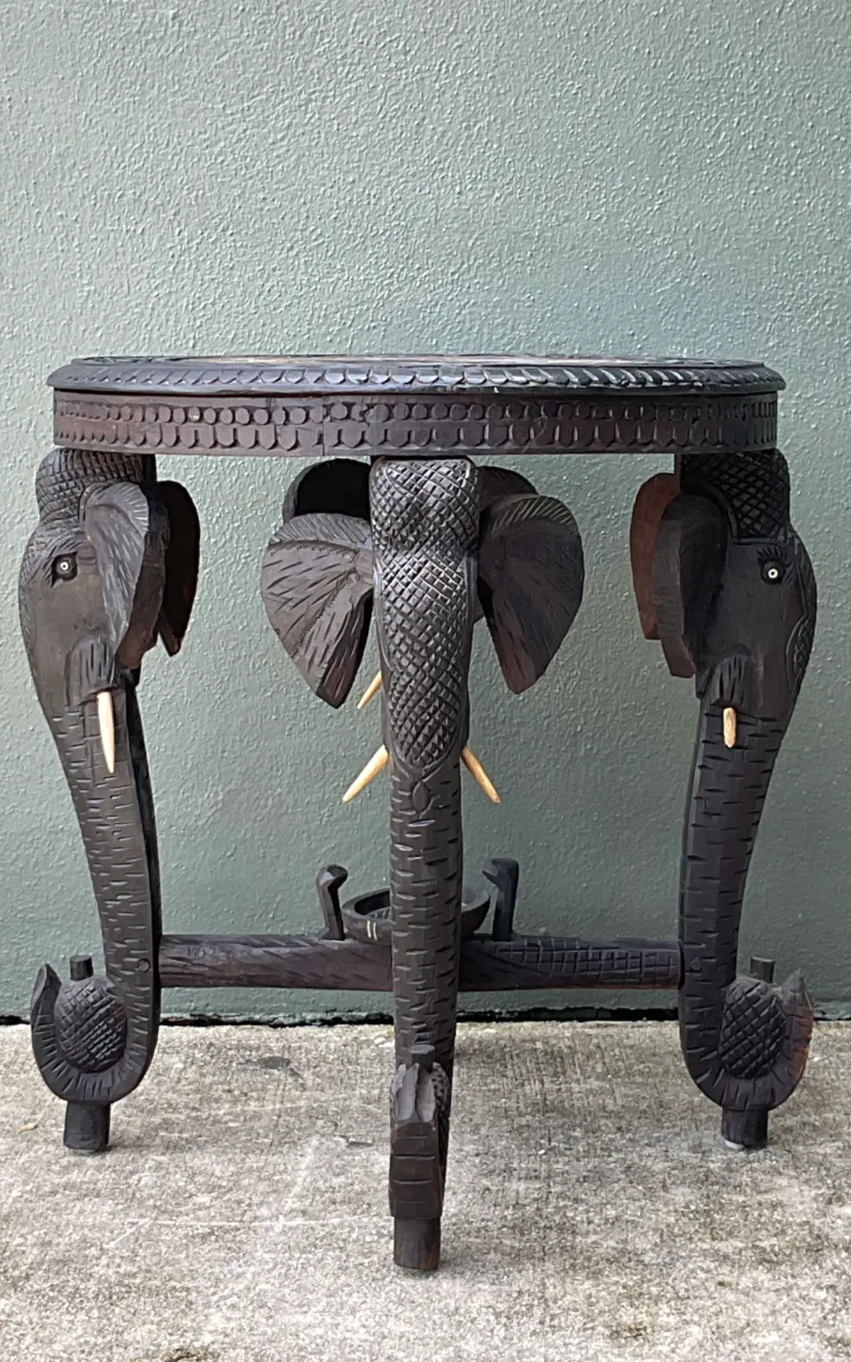 Vintage Carved Wood Elephant Inlay Side Table - Side view