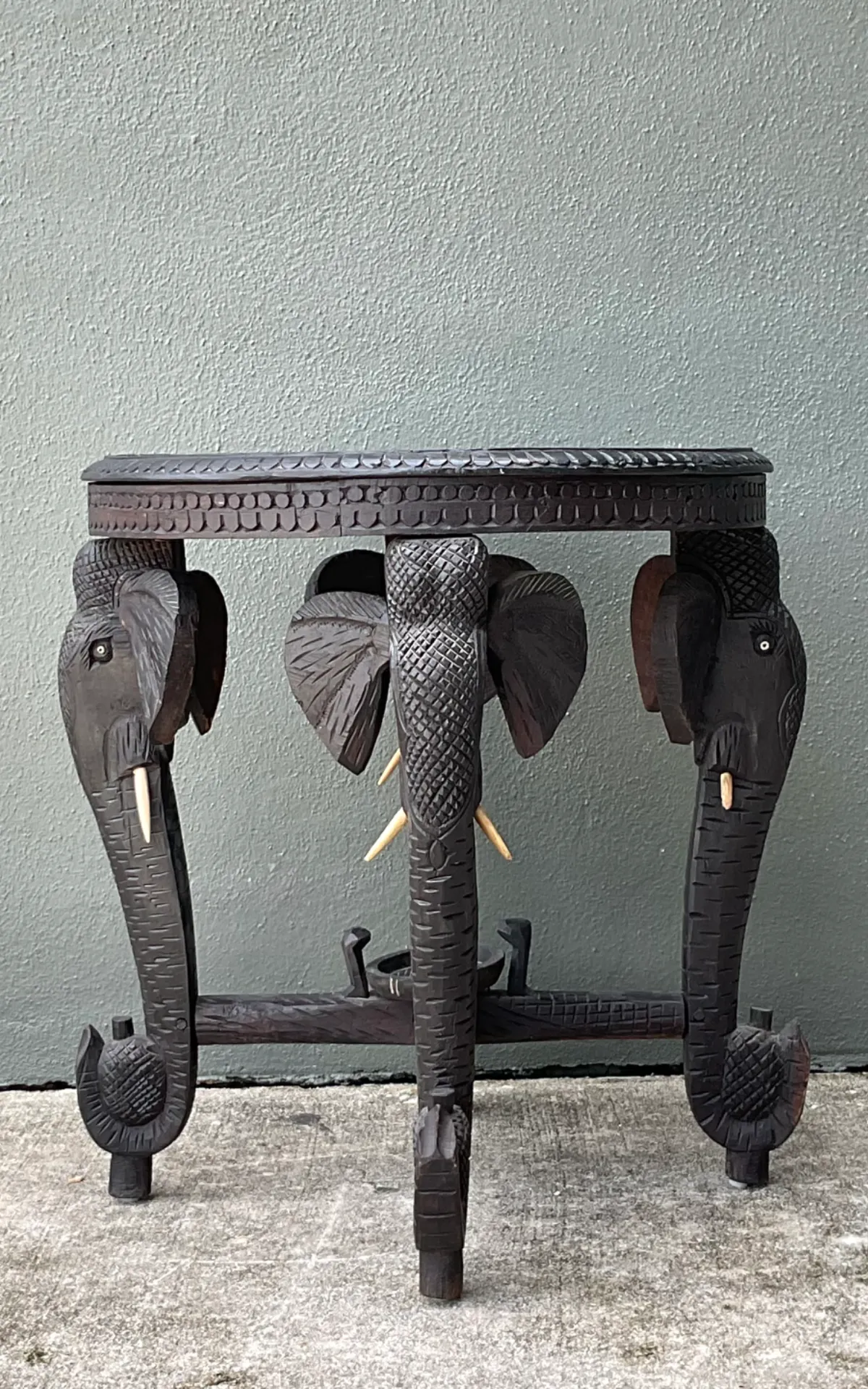 Vintage Carved Wood Elephant Inlay Side Table - Close-up view