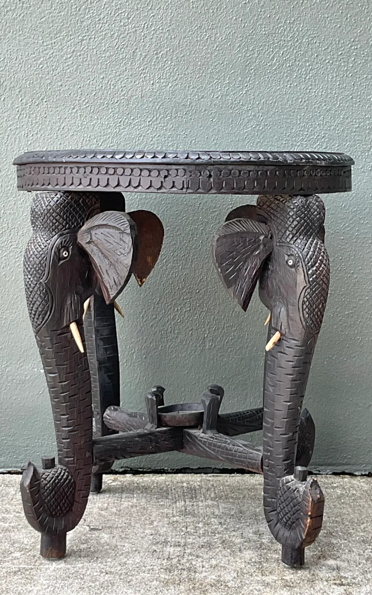 Vintage Carved Wood Elephant Inlay Side Table