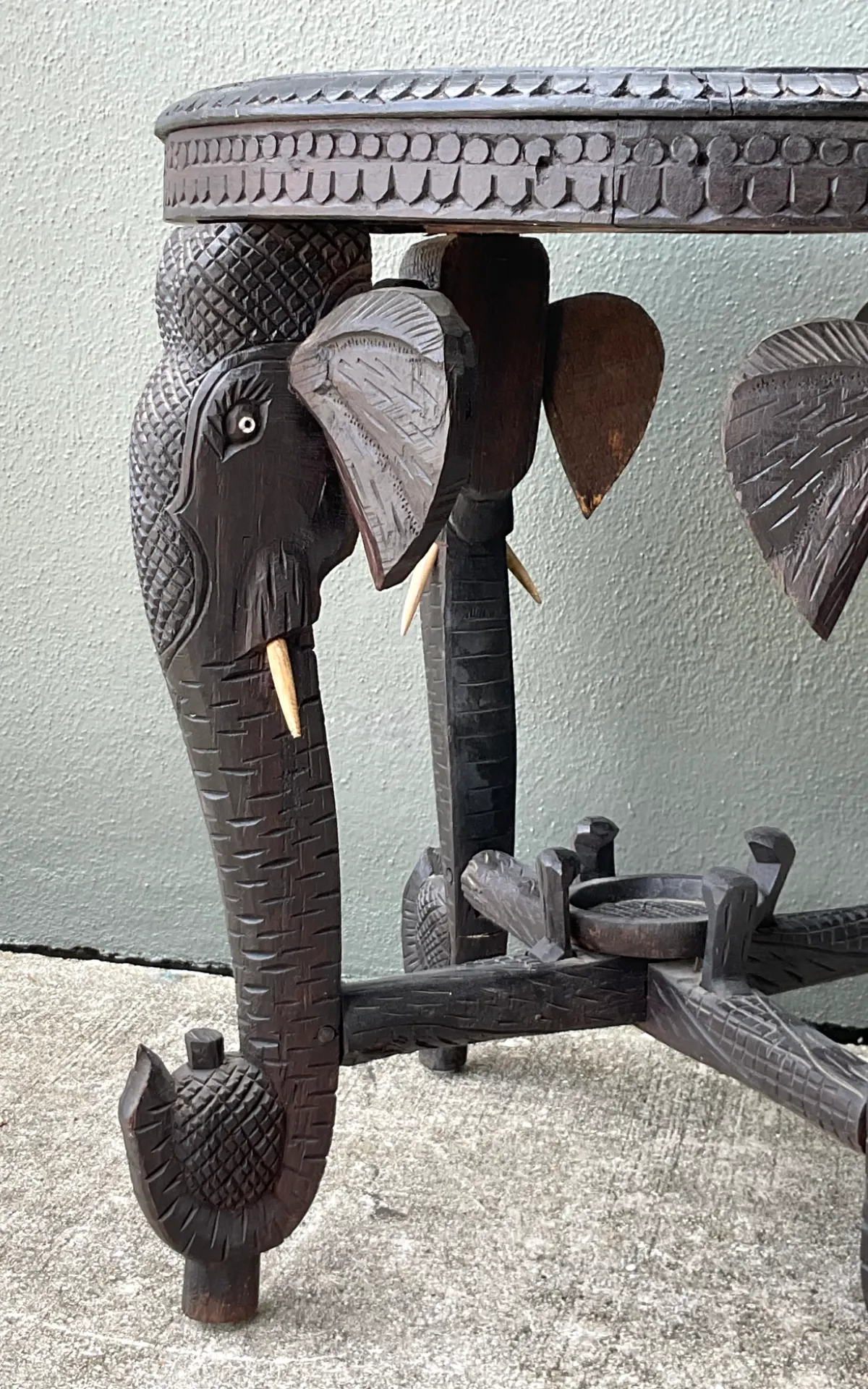 Vintage Carved Wood Elephant Inlay Side Table - Angle view